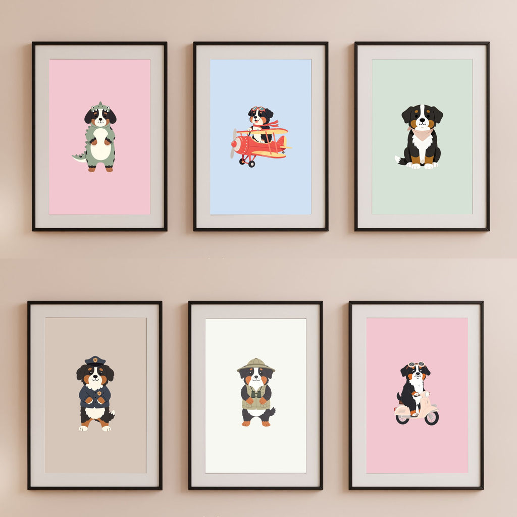 Bernese Mountain Dog Kids Nursery Wall Art Print Bundle — 22 Dog Costume Designs, 5 Colours, 6 Print Sizes | Digital Download