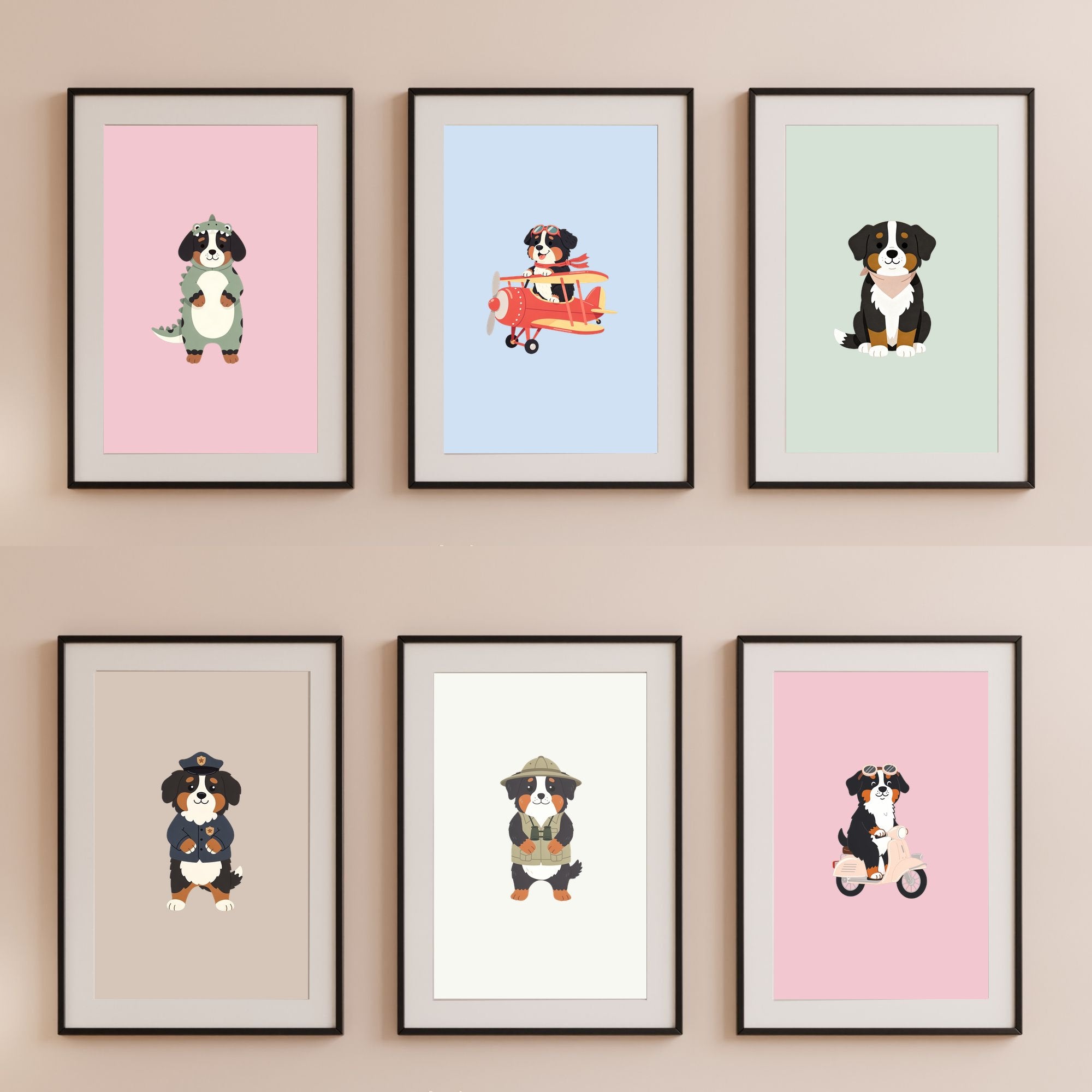 Bernese Mountain Dog Kids Nursery Wall Art Print Bundle — 22 Dog Costume Designs, 5 Colours, 6 Print Sizes | Digital Download