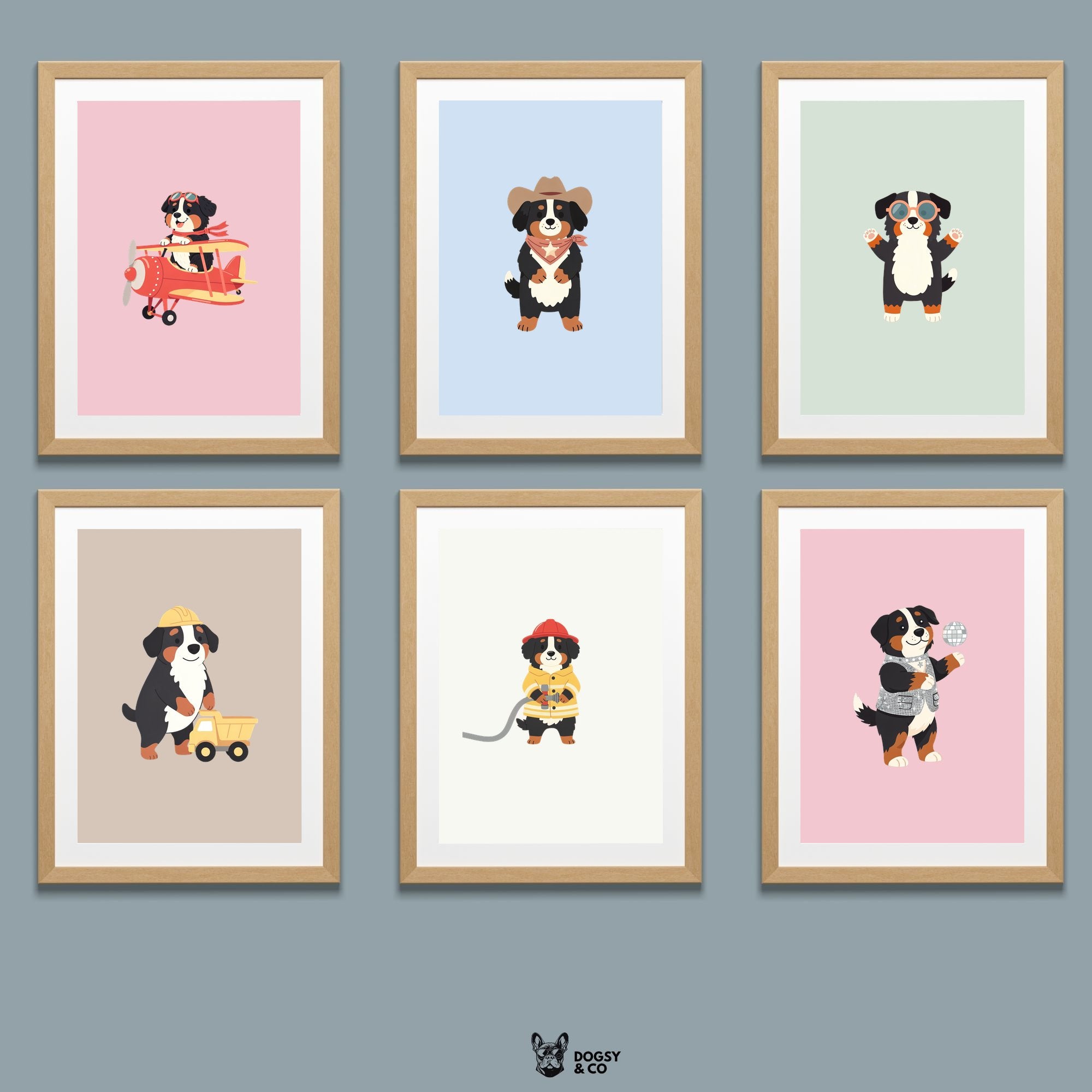 Bernese Mountain Dog Kids Nursery Wall Art Print Bundle — 22 Dog Costume Designs, 5 Colours, 6 Print Sizes | Digital Download