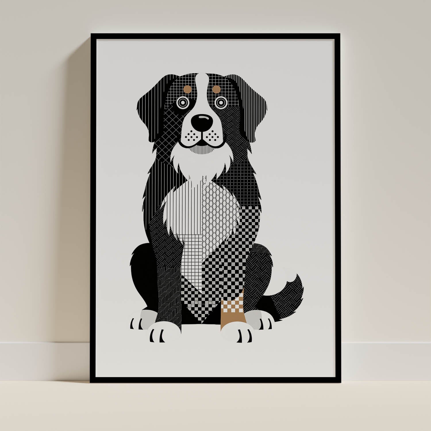 Bernese Mountain Dog Geometric Line Art - Black Frame Mockup