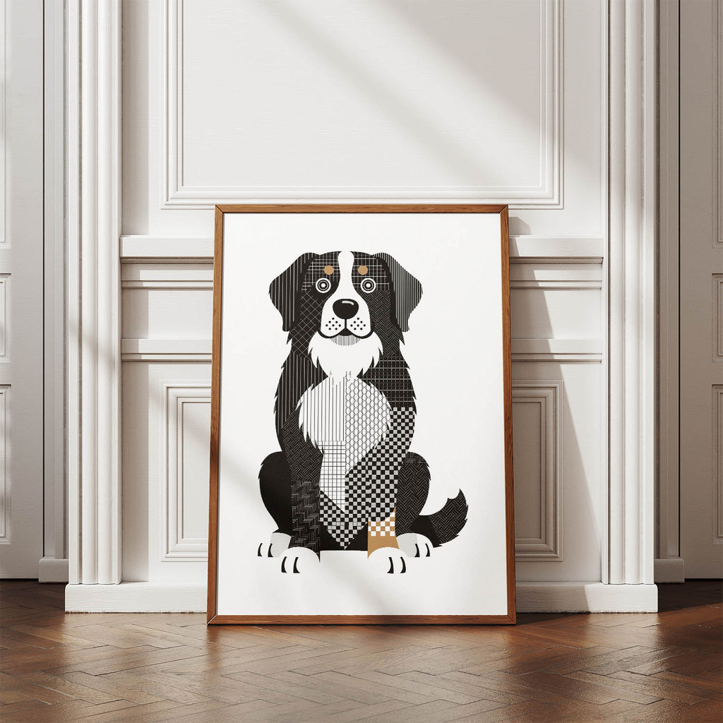 Bernese Mountain Dog Geometric Line Art Print - Framed Mockup