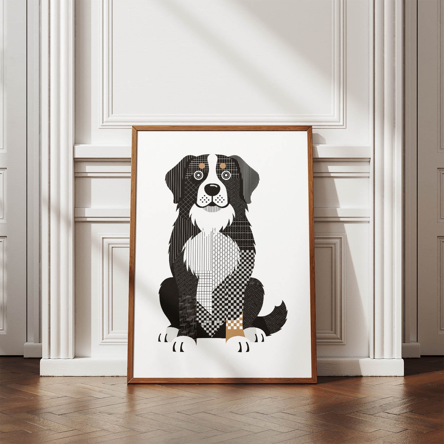 Bernese Mountain Dog Geometric Line Art Print - Framed Mockup