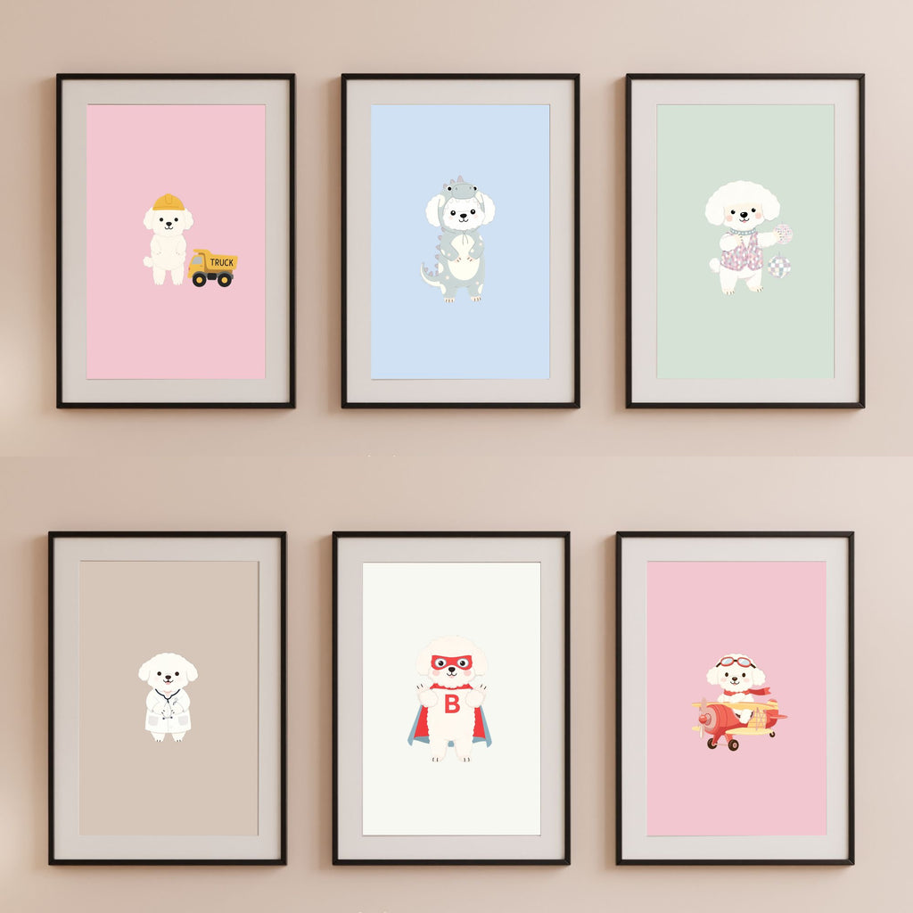 Bichon Frise Kids Nursery Wall Art Print Bundle — 22 Dog Costume Designs, 5 Colours, 6 Print Sizes | Digital Download