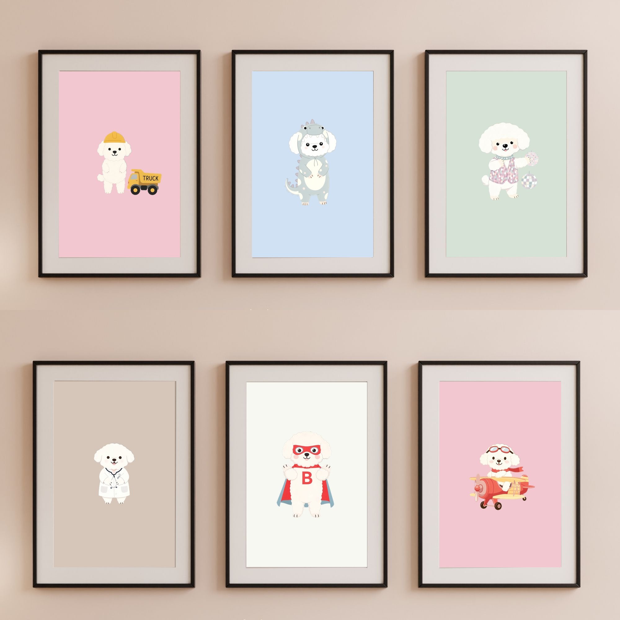 Bichon Frise Kids Nursery Wall Art Print Bundle — 22 Dog Costume Designs, 5 Colours, 6 Print Sizes | Digital Download