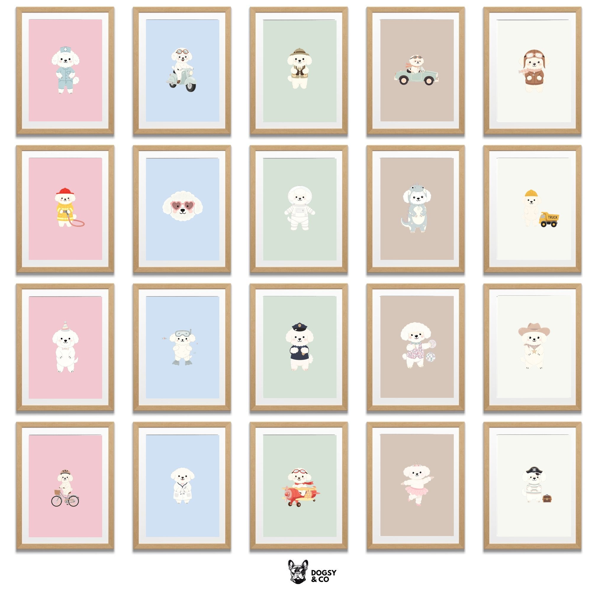 Bichon Frise Kids Nursery Wall Art Print Bundle — 22 Dog Costume Designs, 5 Colours, 6 Print Sizes | Digital Download