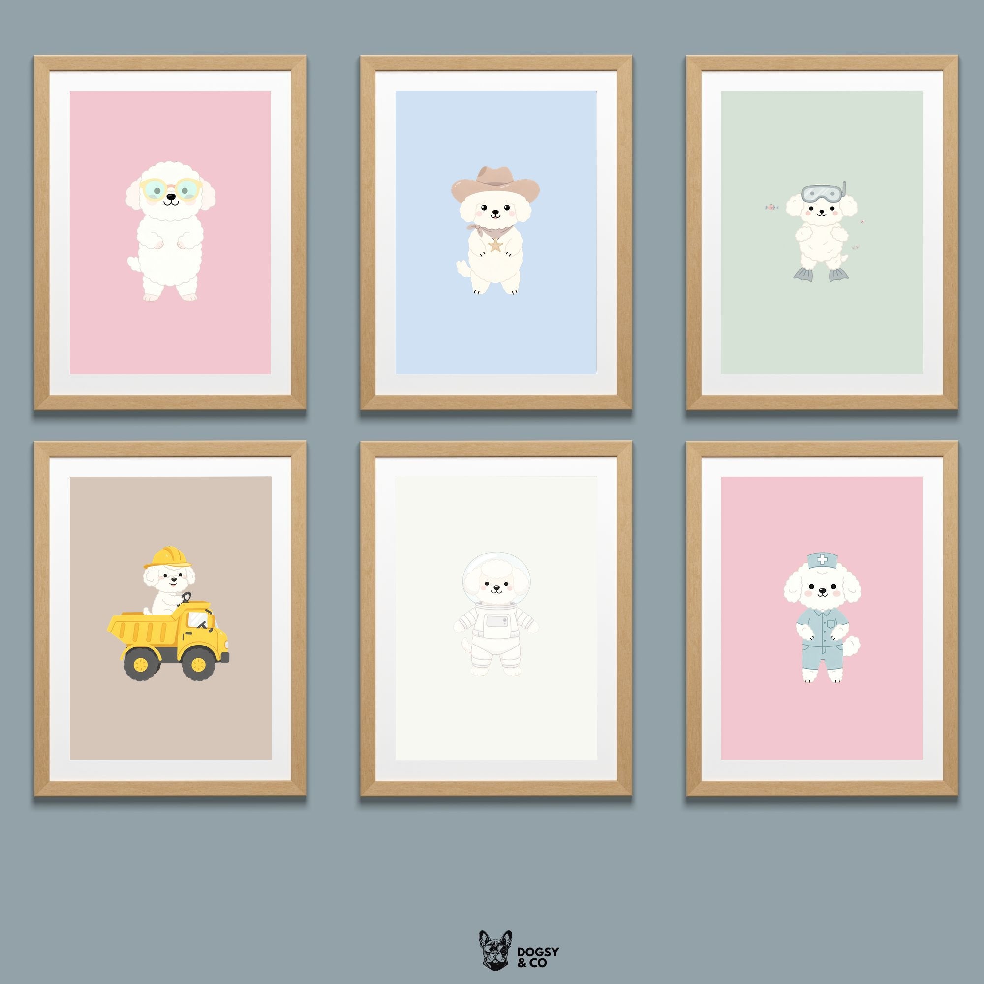Bichon Frise Kids Nursery Wall Art Print Bundle — 22 Dog Costume Designs, 5 Colours, 6 Print Sizes | Digital Download