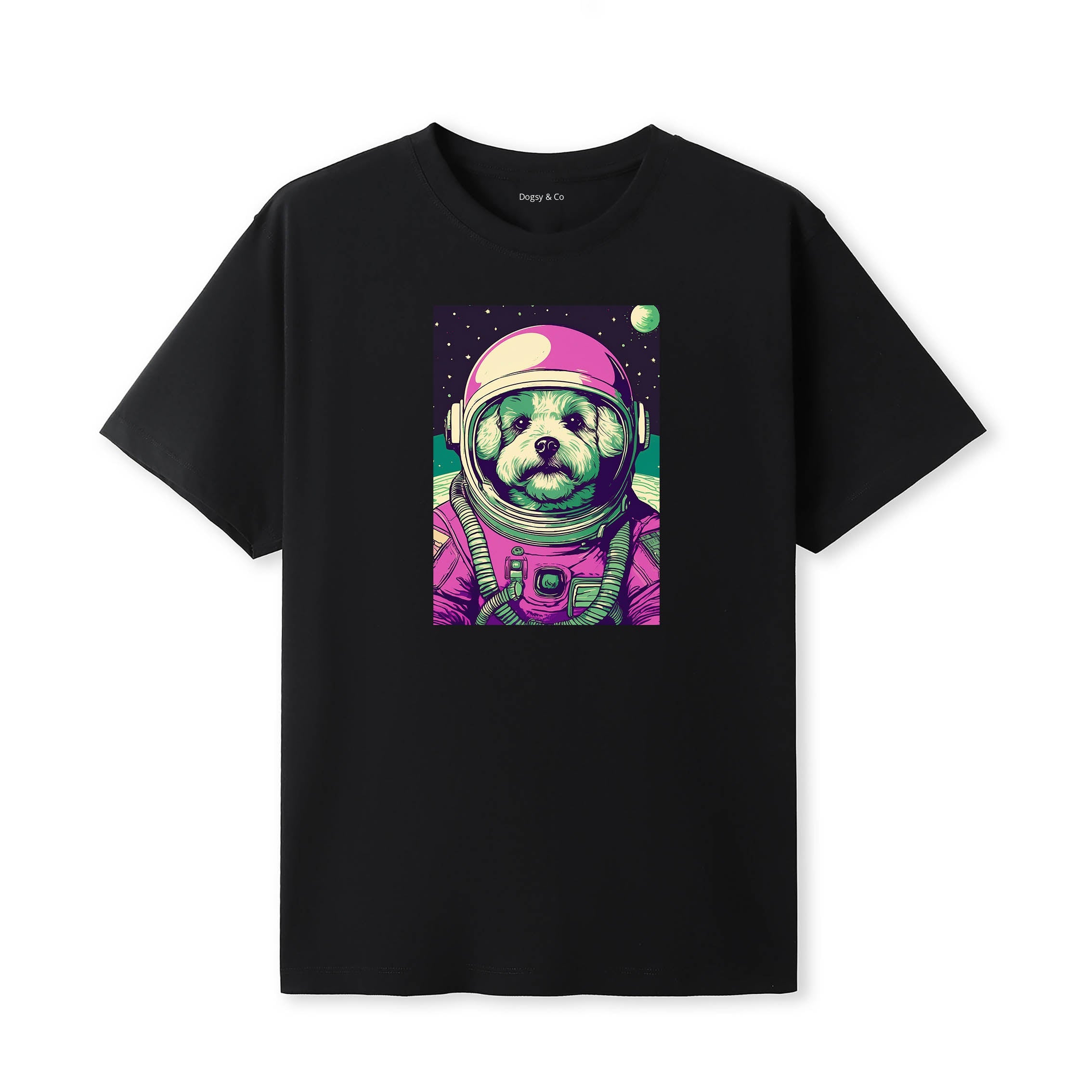 Bichon Frise Space Dogs T-Shirt colourful astronaut dog artwork in a retro space design