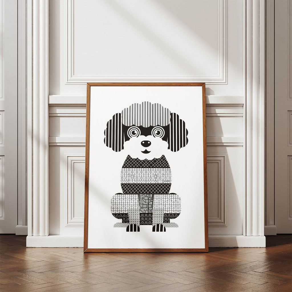 Bichon Frise Geometric Line Art Print - Framed Mockup