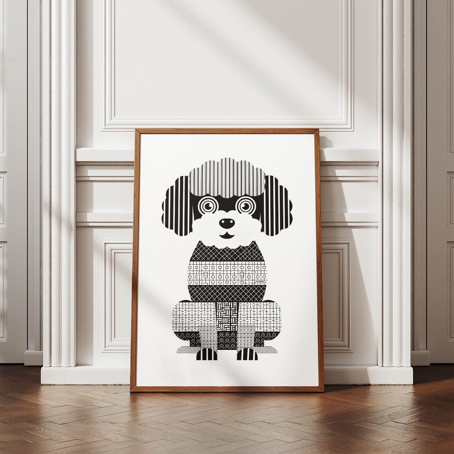Bichon Frise Geometric Line Art Print - Framed Mockup