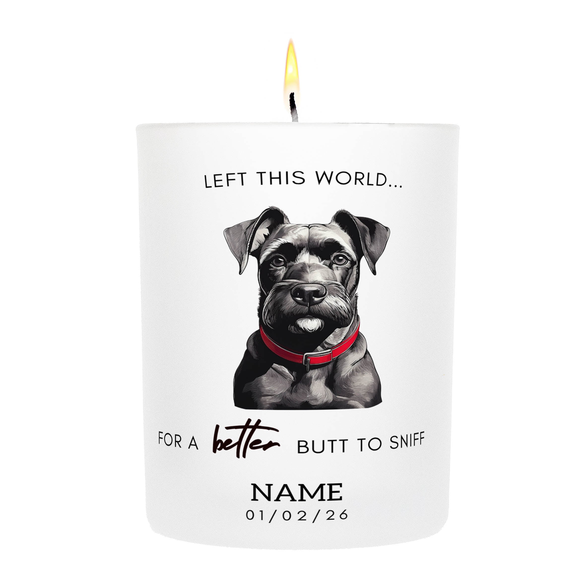 Black Russian Terrier in Memory Better Butt To Sniff Custom Candle. | Dogsy & Co