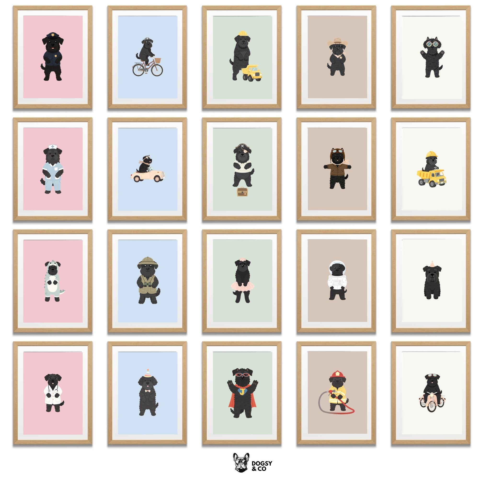 Black Russian Terrier Kids Nursery Wall Art Print Bundle — 22 Dog Costume Designs, 5 Colours, 6 Print Sizes | Digital Download
