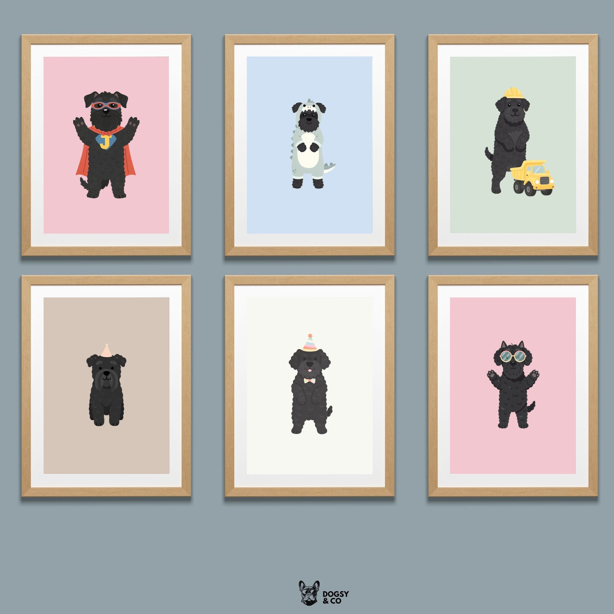 Black Russian Terrier Kids Nursery Wall Art Print Bundle — 22 Dog Costume Designs, 5 Colours, 6 Print Sizes | Digital Download