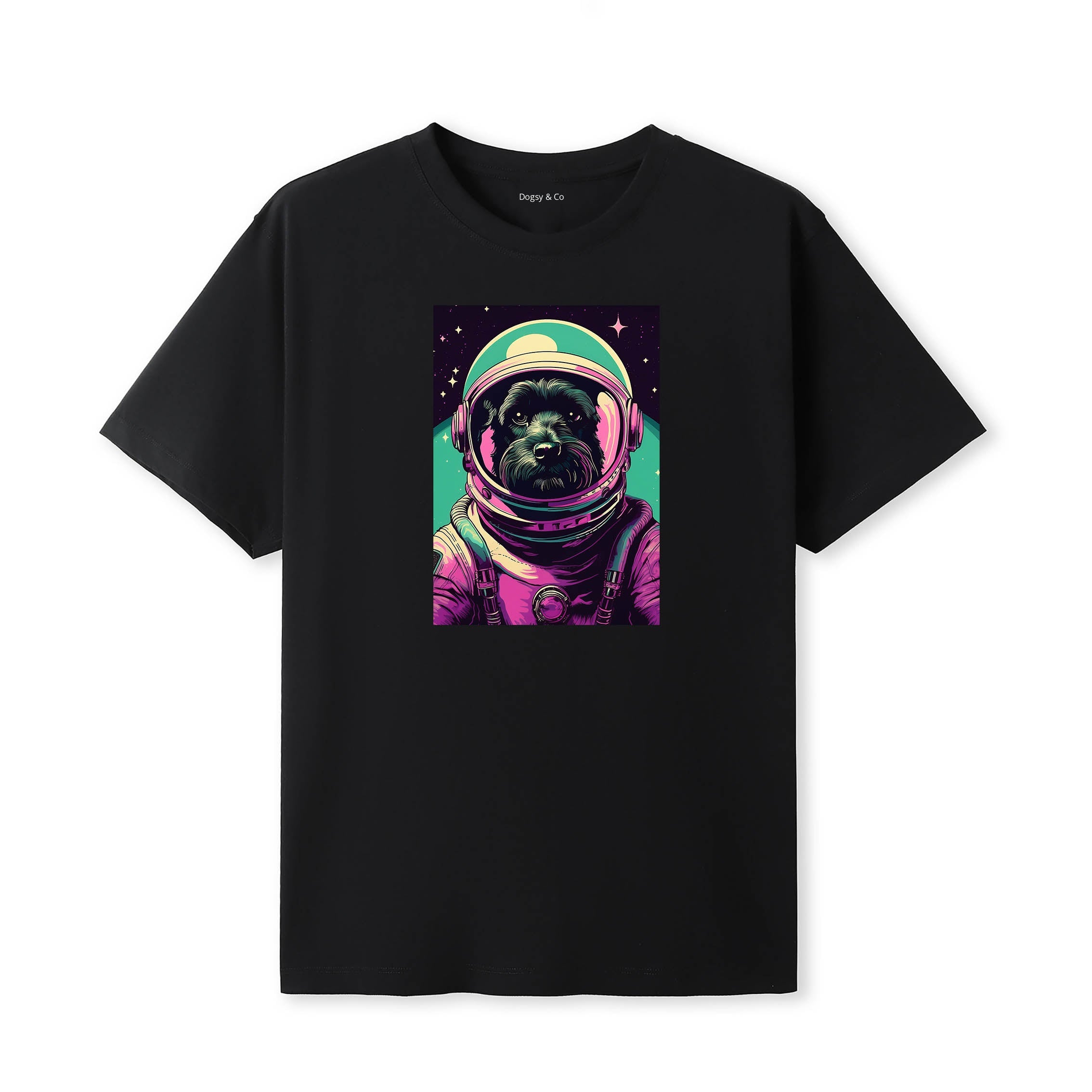 Black Russian Terrier Space Dogs T-Shirt colourful astronaut dog artwork in a retro space design