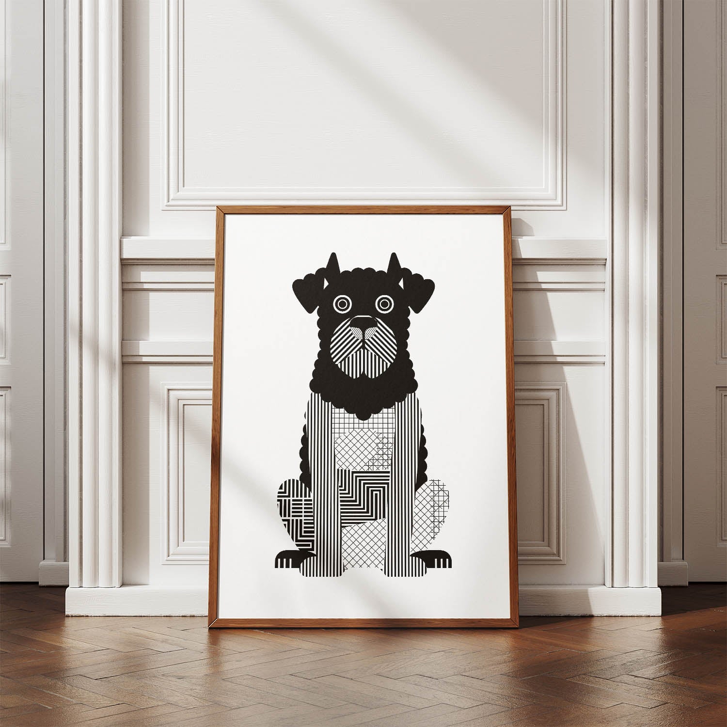 Black Russian Terrier Geometric Line Art Print - Framed Mockup