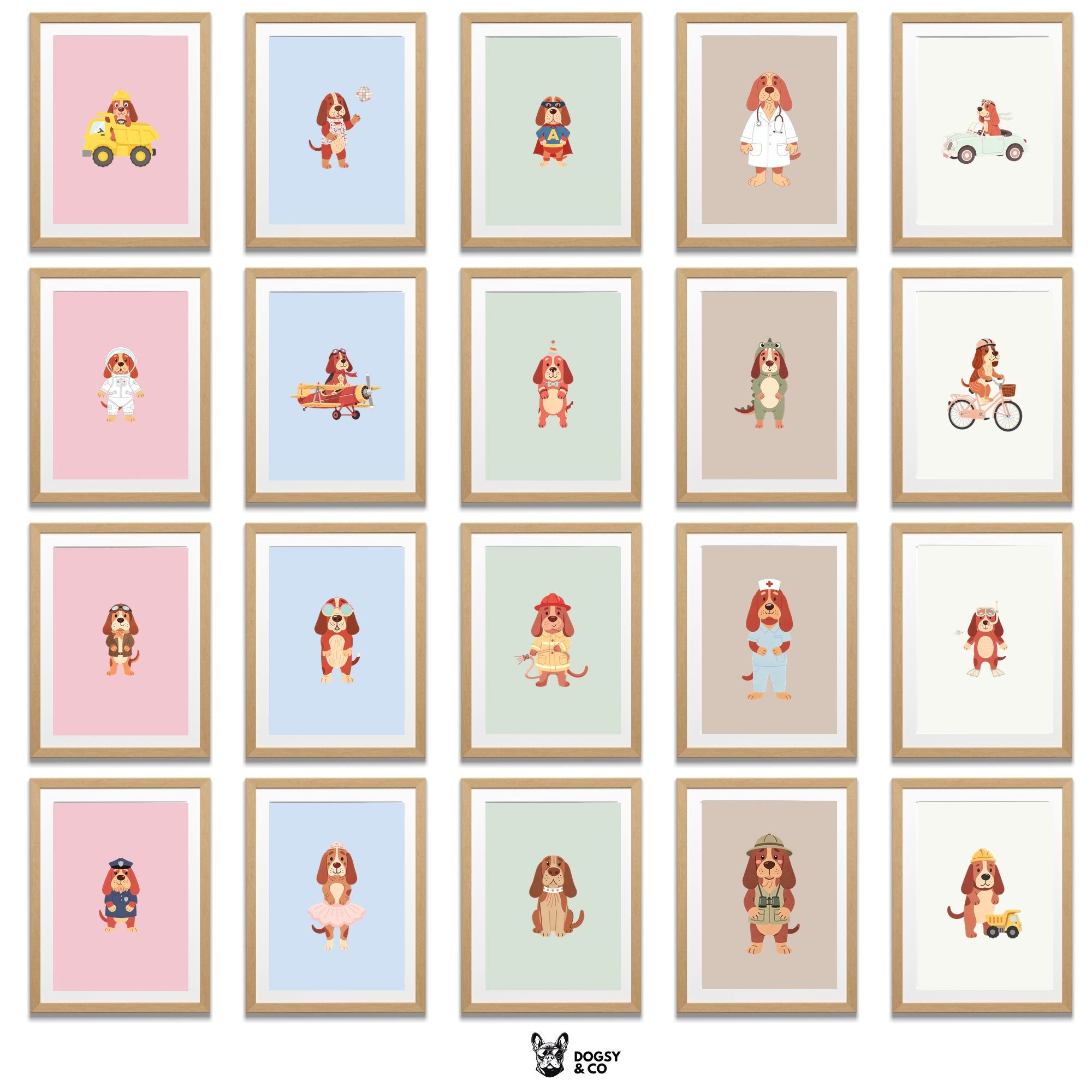 Bloodhound Kids Nursery Wall Art Print Bundle — 22 Dog Costume Designs, 5 Colours, 6 Print Sizes | Digital Download
