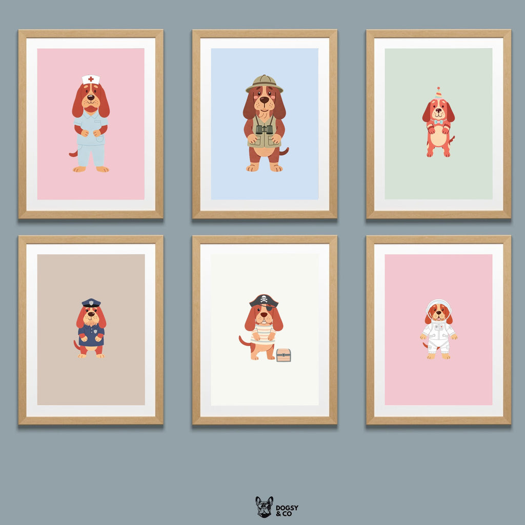 Bloodhound Kids Nursery Wall Art Print Bundle — 22 Dog Costume Designs, 5 Colours, 6 Print Sizes | Digital Download