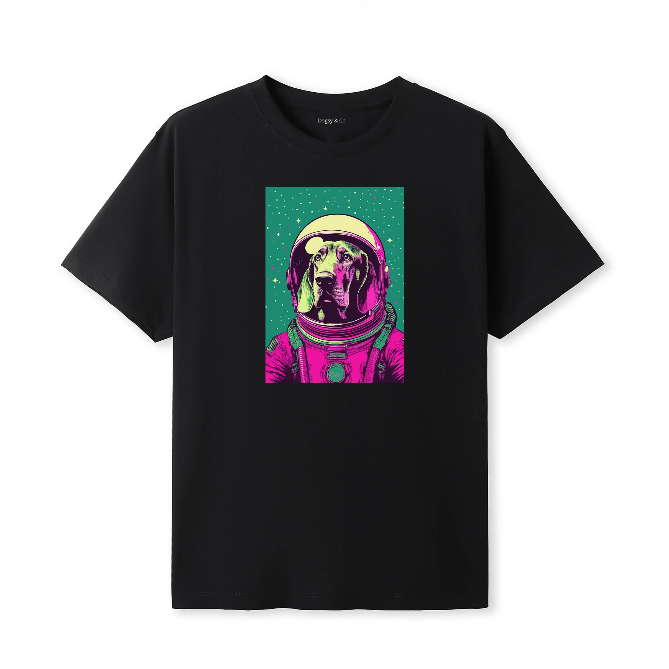 Bloodhound Space Dogs T-Shirt colourful astronaut dog artwork in a retro space design