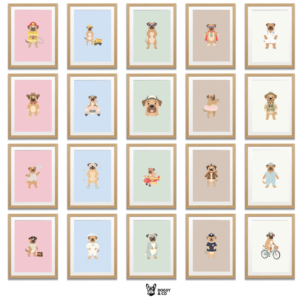 Boerboel Kids Nursery Wall Art Print Bundle — 22 Dog Costume Designs, 5 Colours, 6 Print Sizes | Digital Download