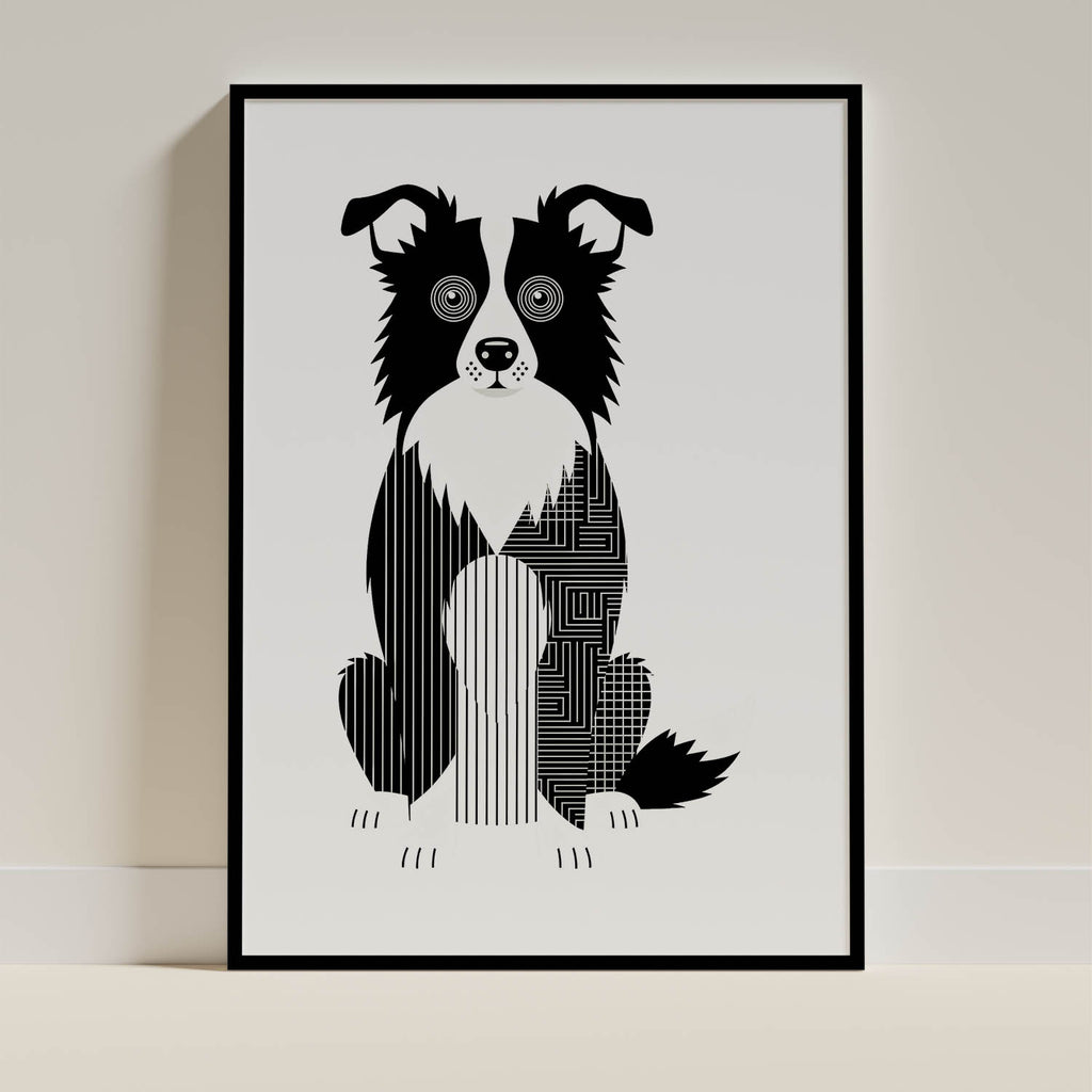 Border Collie Geometric Line Art Print - Framed Mockup