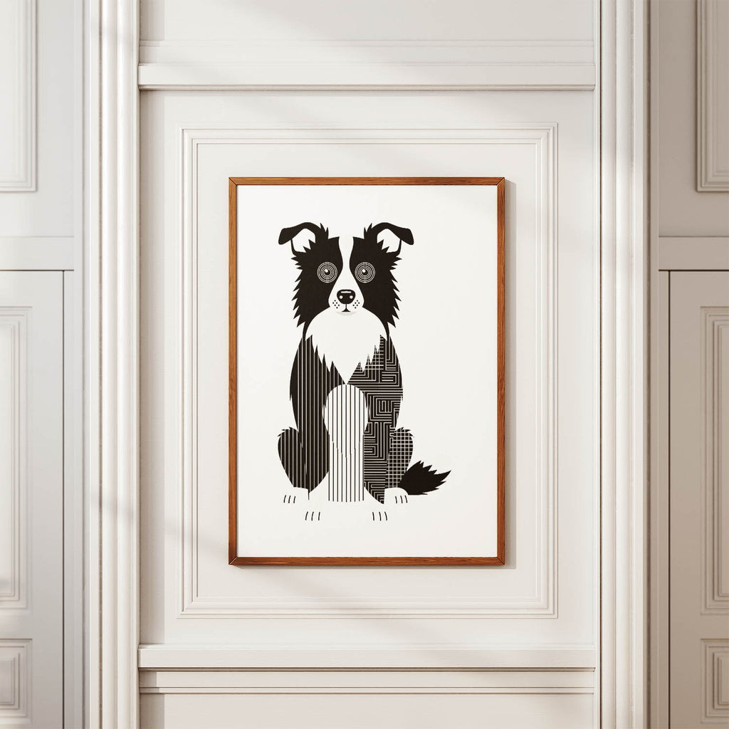 Border Collie Geometric Line Art Print - Framed Mockup
