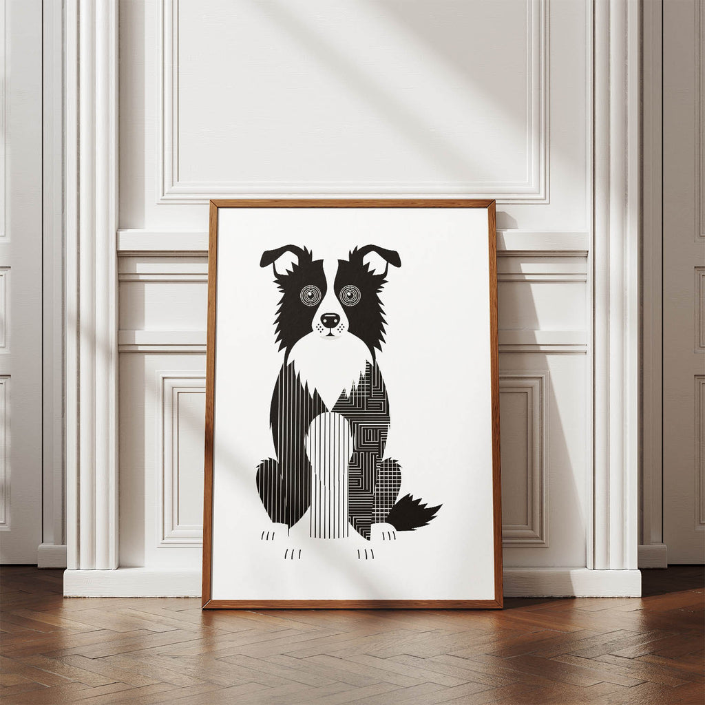 Border Collie Geometric Line Art Print - Framed Mockup