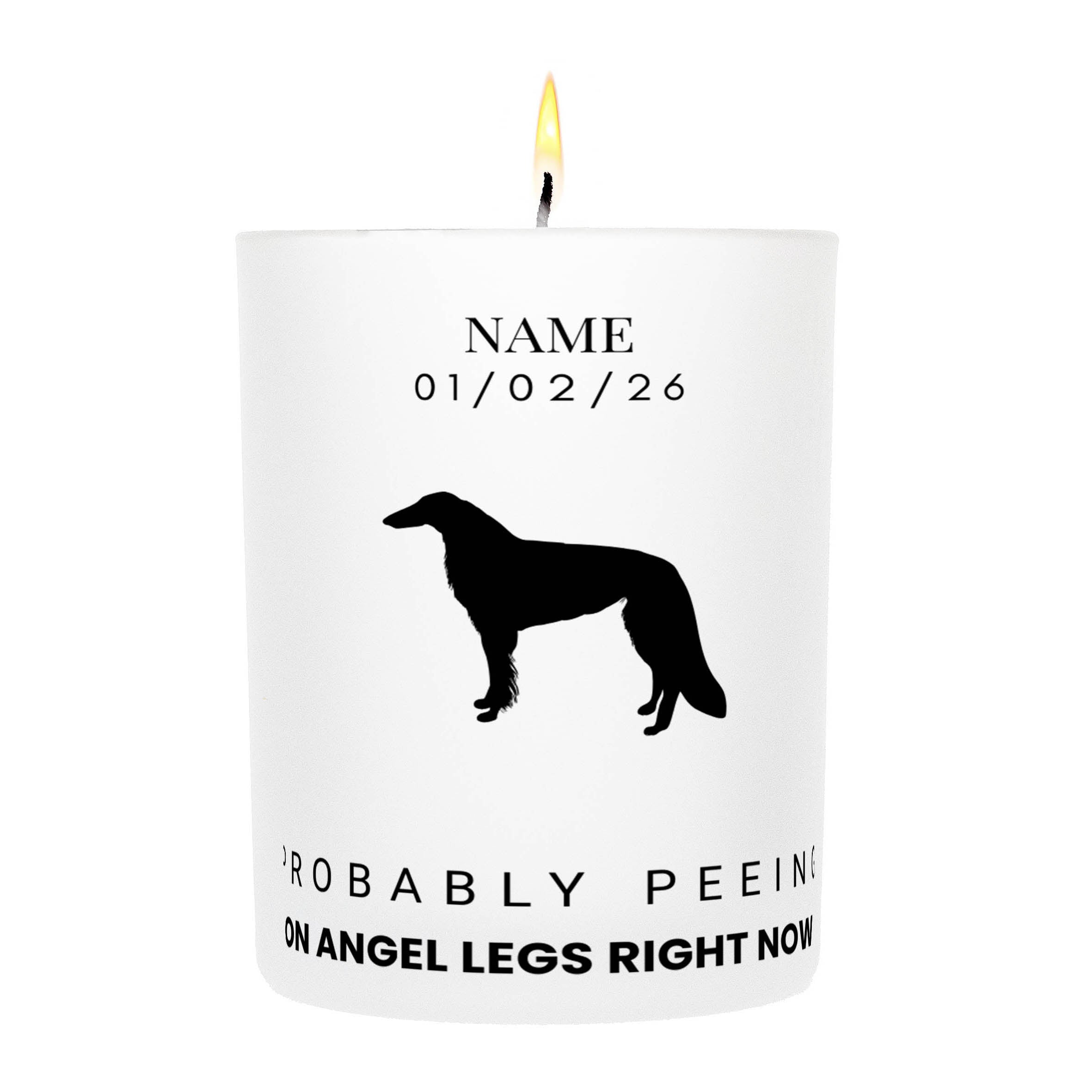 Borzoi – Probably Peeing on Angel Legs Right Now Custom Candle