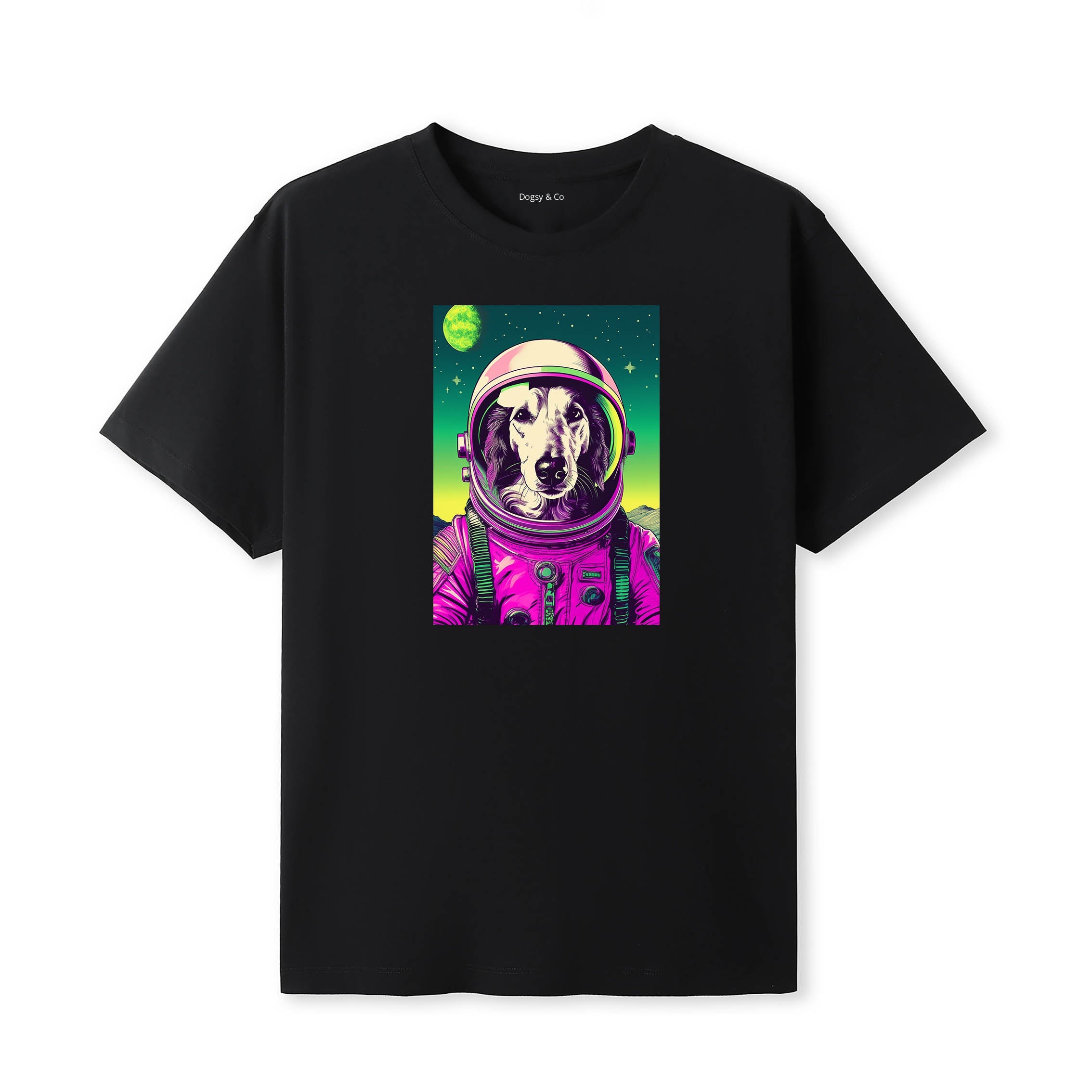 Borzoi Space Dogs T-Shirt colourful astronaut dog artwork in a retro space design