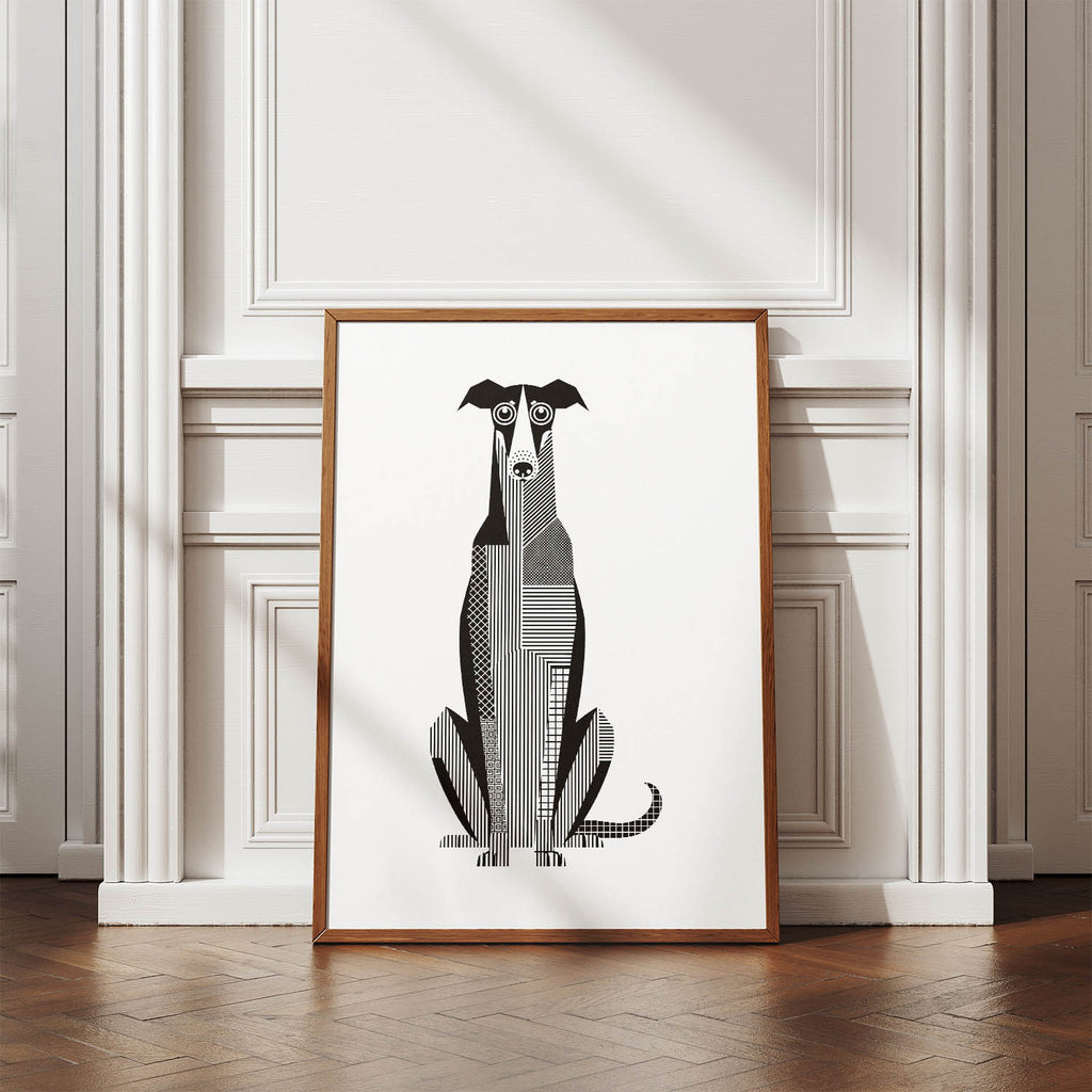 Borzoi Geometric Line Art Print - Framed Mockup