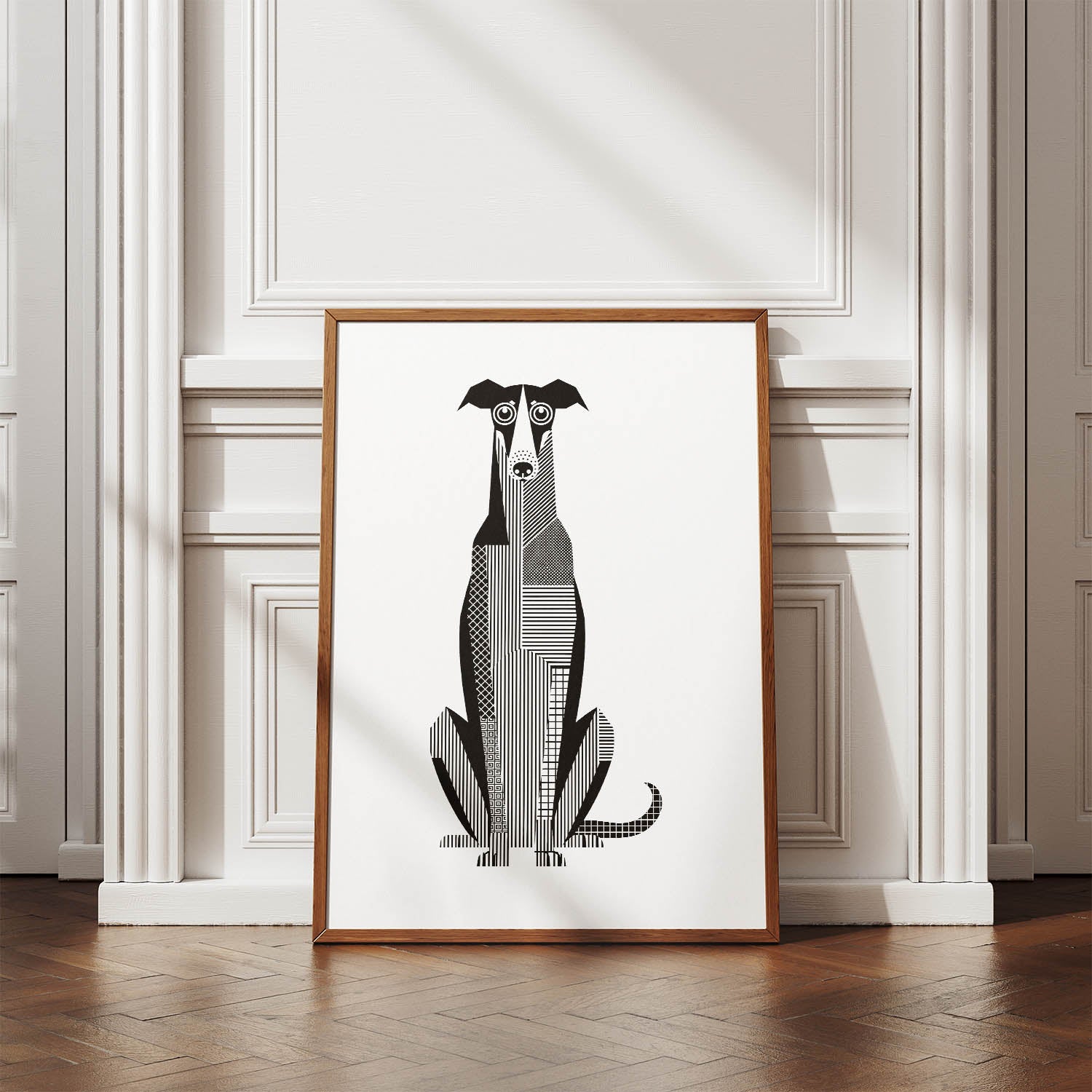 Borzoi Geometric Line Art Print - Framed Mockup