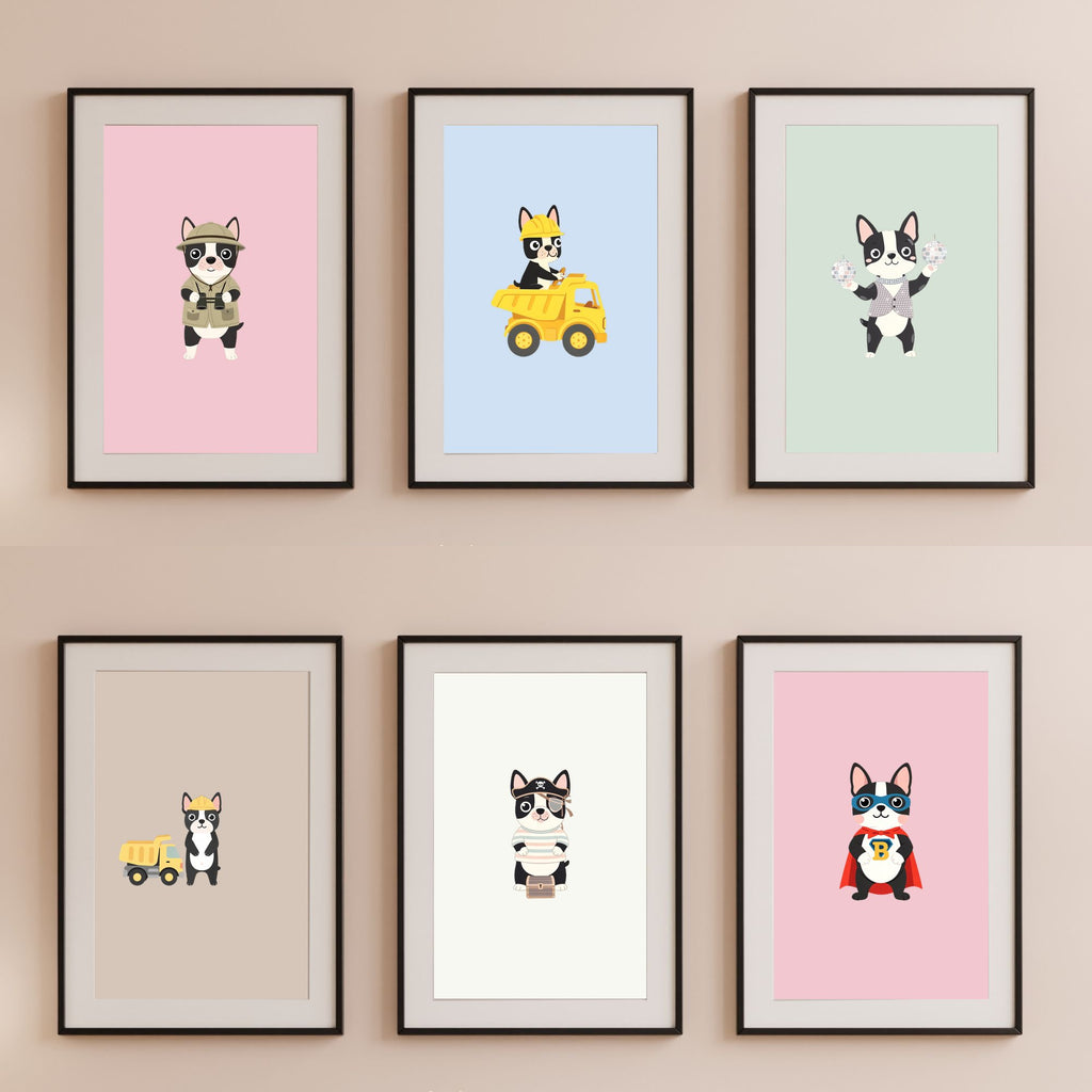 Boston Terrier Kids Nursery Wall Art Print Bundle — 22 Dog Costume Designs, 5 Colours, 6 Print Sizes | Digital Download