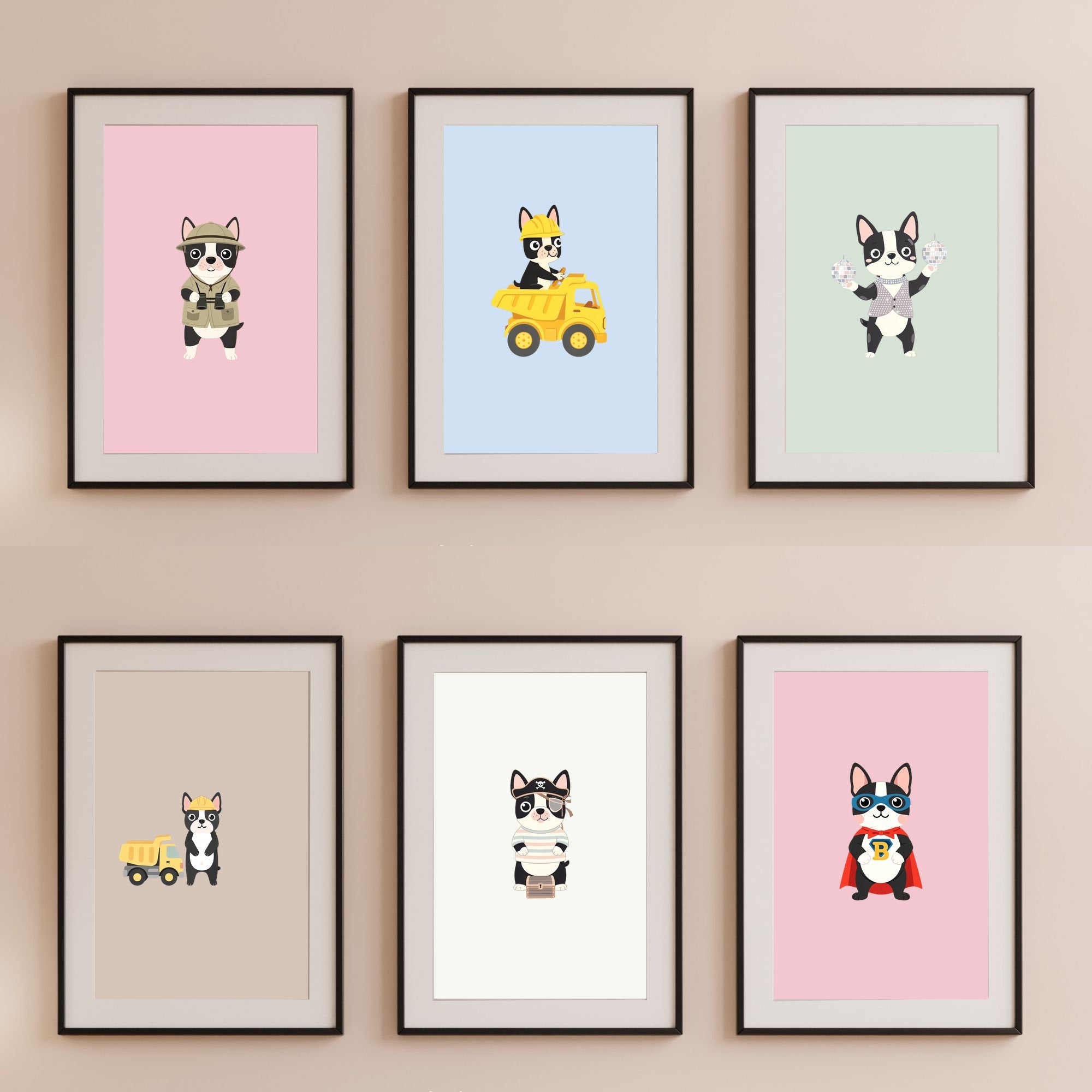Boston Terrier Kids Nursery Wall Art Print Bundle — 22 Dog Costume Designs, 5 Colours, 6 Print Sizes | Digital Download