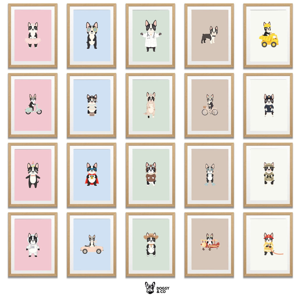 Boston Terrier Kids Nursery Wall Art Print Bundle — 22 Dog Costume Designs, 5 Colours, 6 Print Sizes | Digital Download
