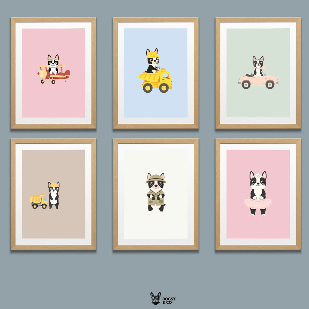 Boston Terrier Kids Nursery Wall Art Print Bundle — 22 Dog Costume Designs, 5 Colours, 6 Print Sizes | Digital Download