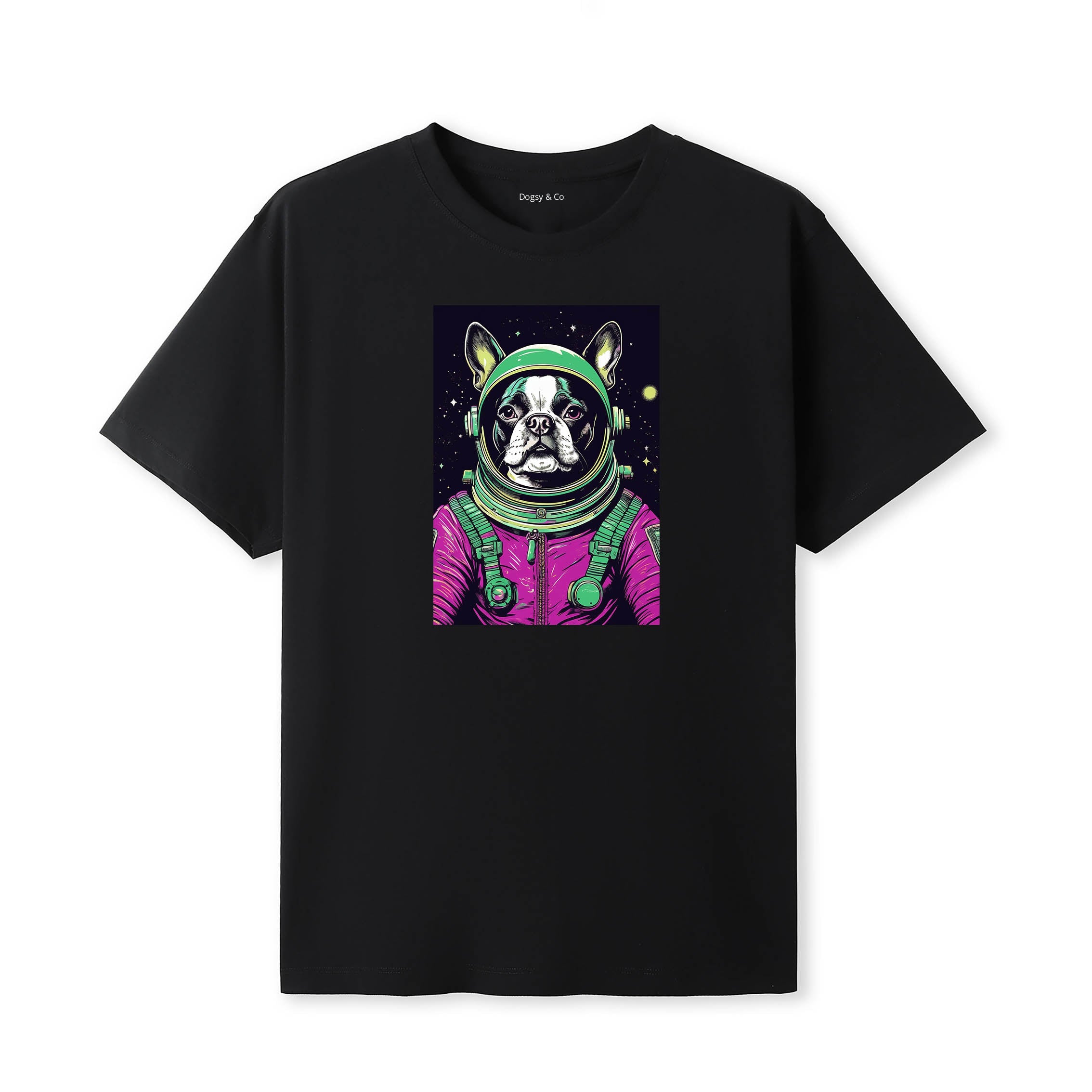 Boston Terrier Space Dogs T-Shirt colourful astronaut dog artwork in a retro space design