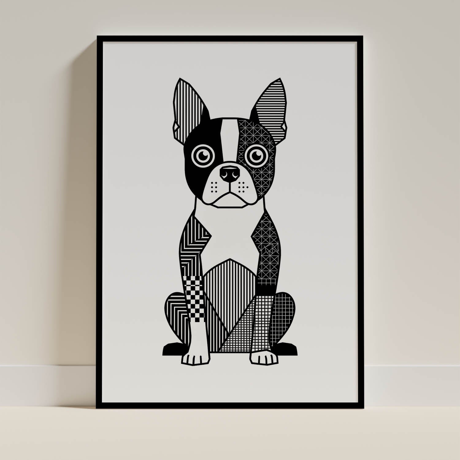 Boston Terrier Geometric Line Art Print - Framed Mockup