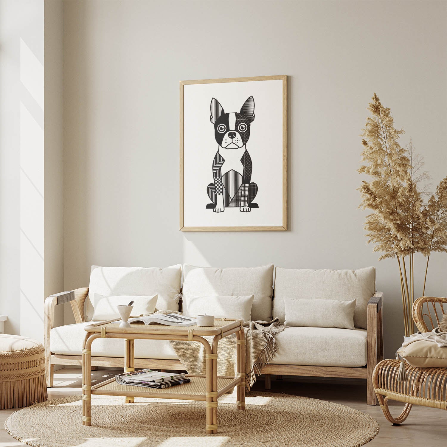 Boston Terrier Geometric Line Art Print - Framed Mockup