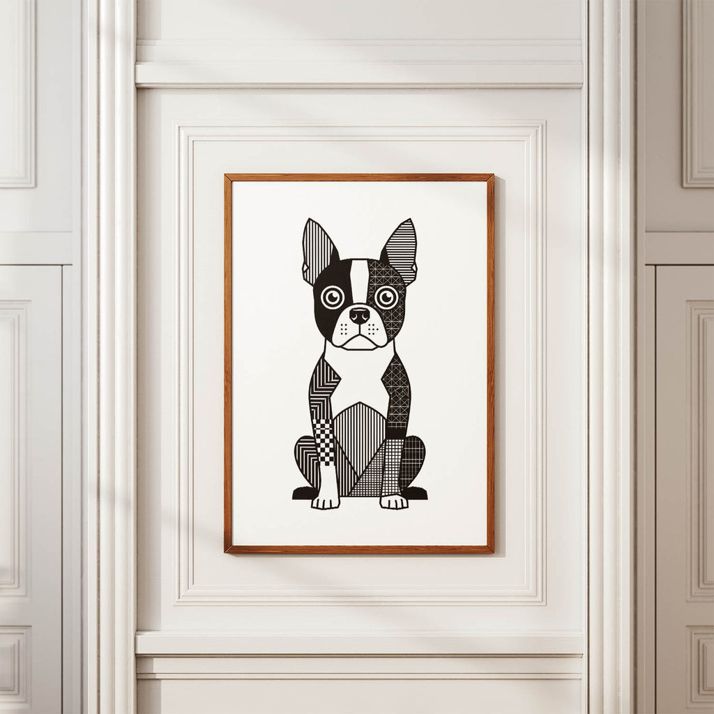 Boston Terrier Geometric Line Art Print - Framed Mockup