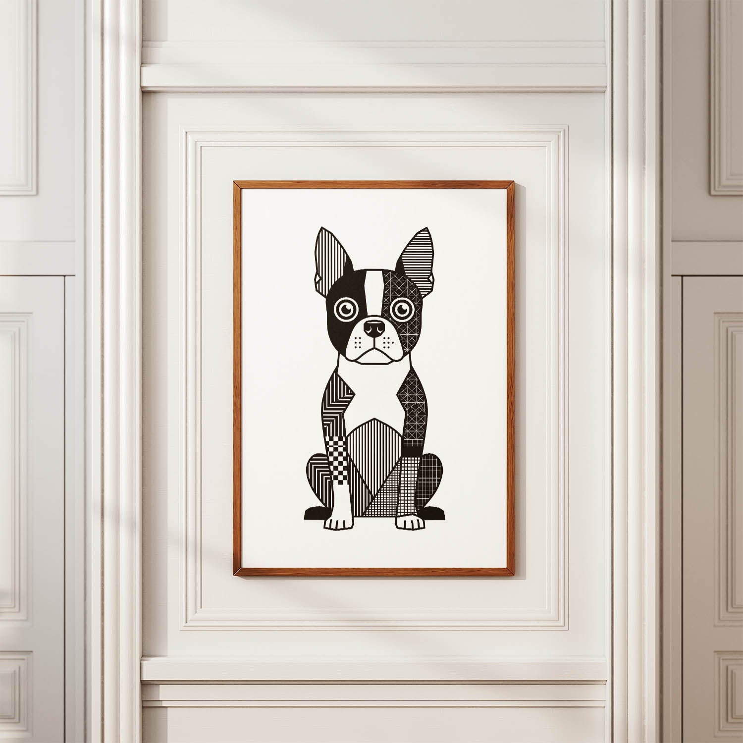 Boston Terrier Geometric Line Art Print - Framed Mockup