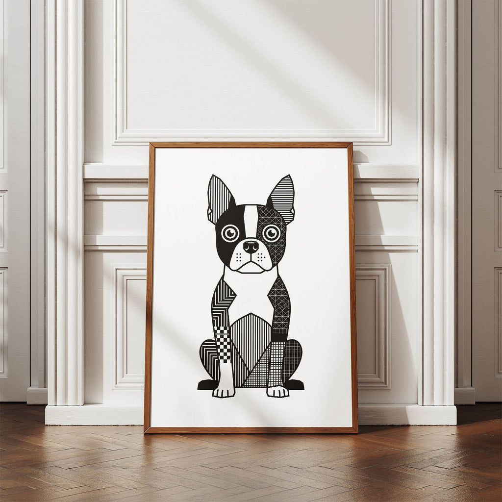Boston Terrier Geometric Line Art Print - Framed Mockup