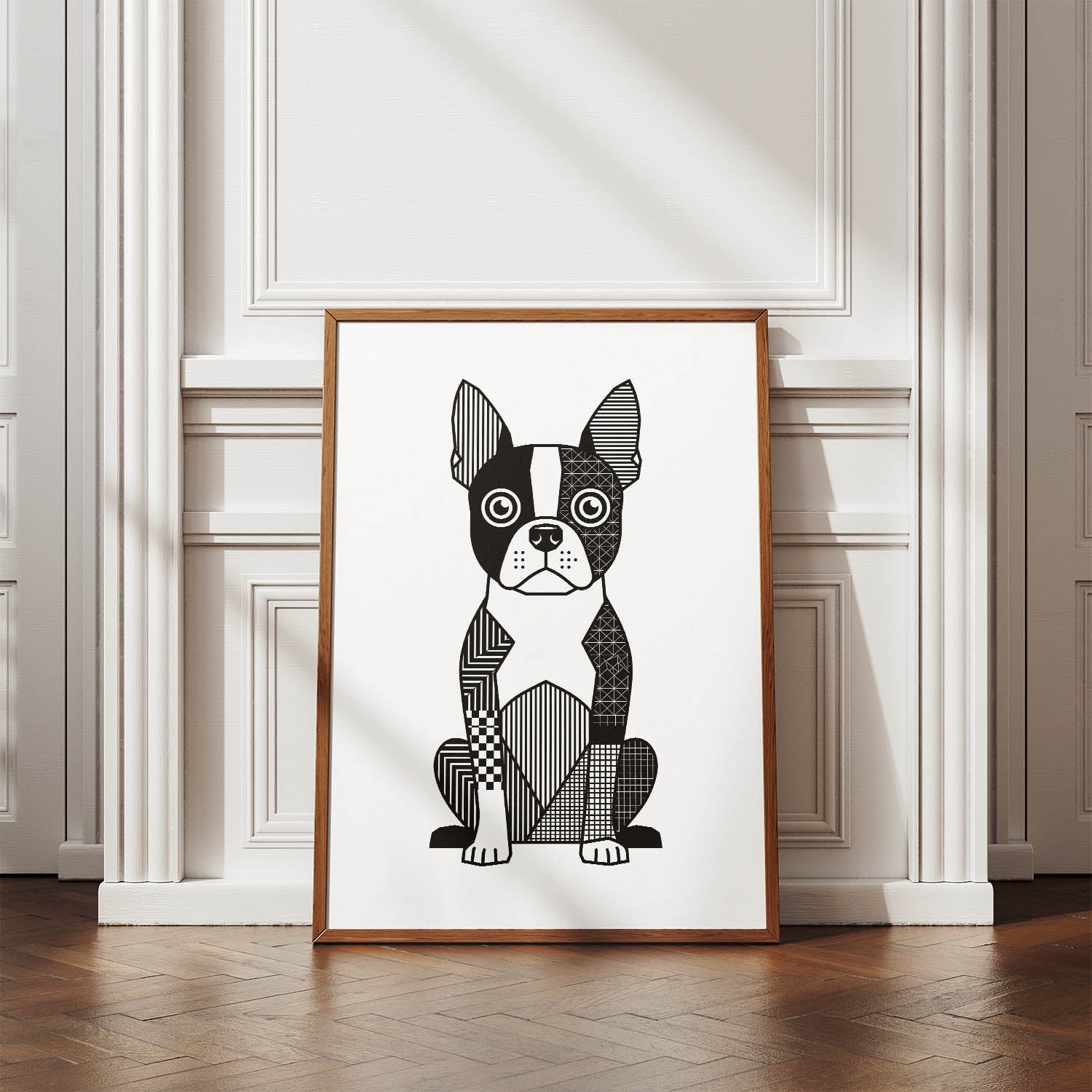 Boston Terrier Geometric Line Art Print - Framed Mockup