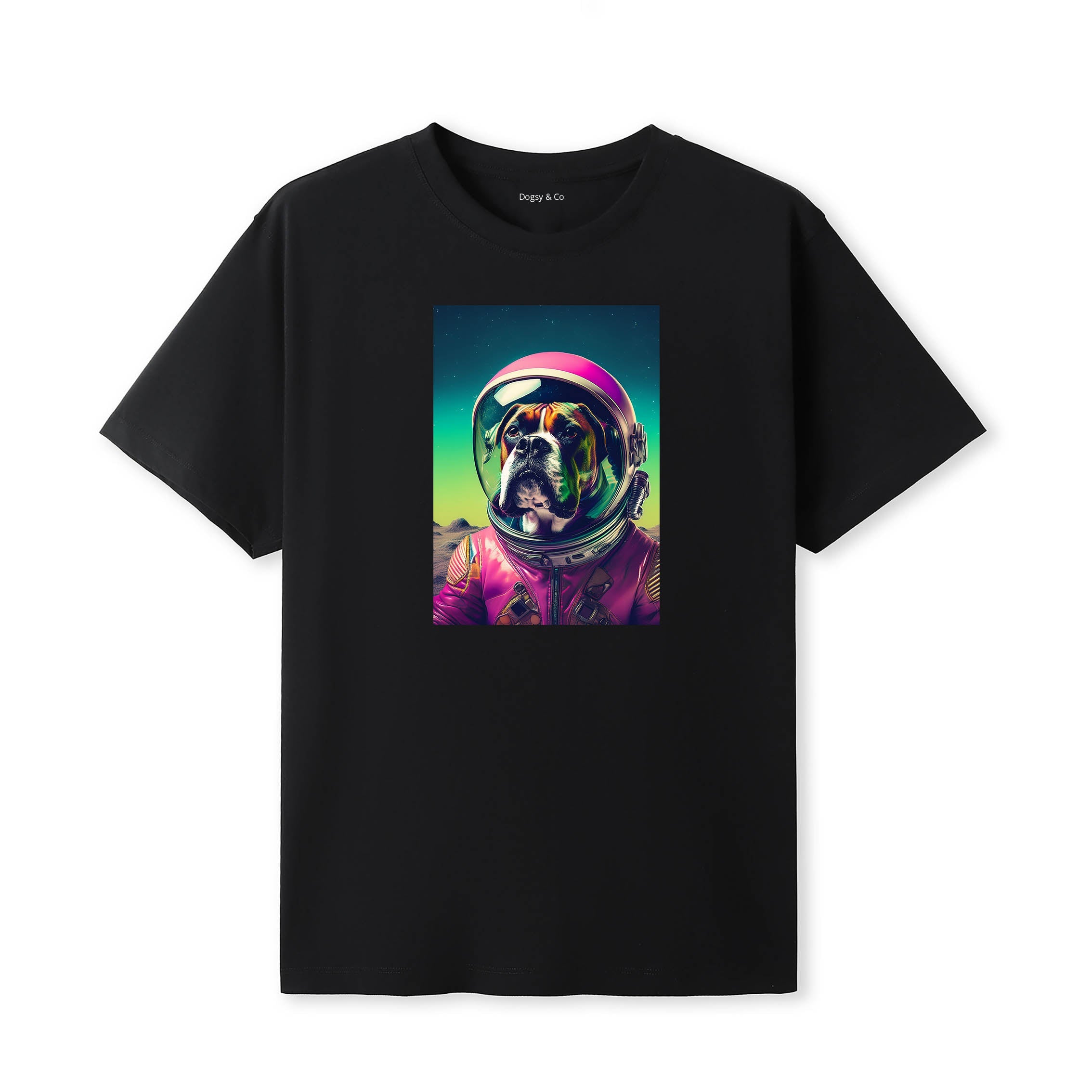 Boxer Space Dogs T-Shirt colourful astronaut dog artwork in a retro space design