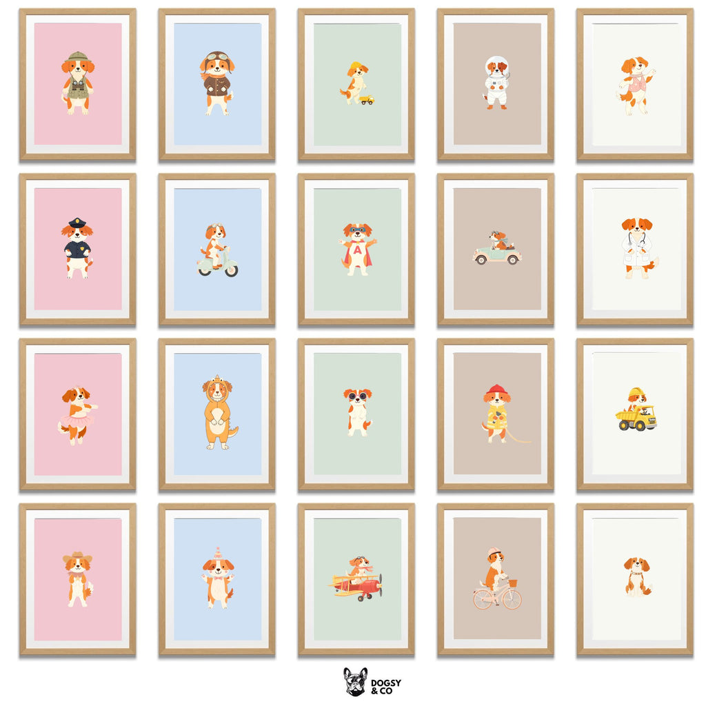 Brittany Kids Nursery Wall Art Print Bundle — 22 Dog Costume Designs, 5 Colours, 6 Print Sizes | Digital Download