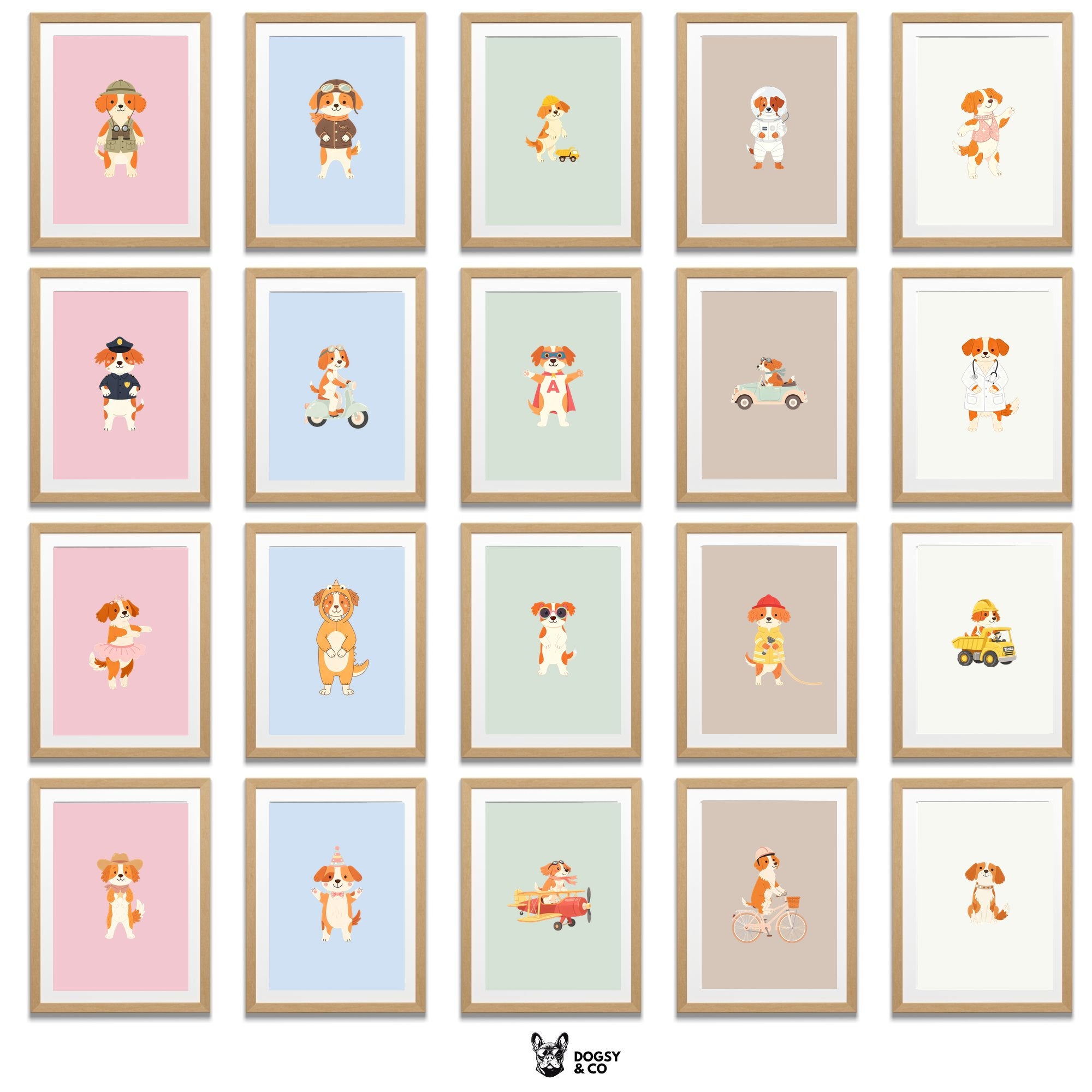 Brittany Kids Nursery Wall Art Print Bundle — 22 Dog Costume Designs, 5 Colours, 6 Print Sizes | Digital Download