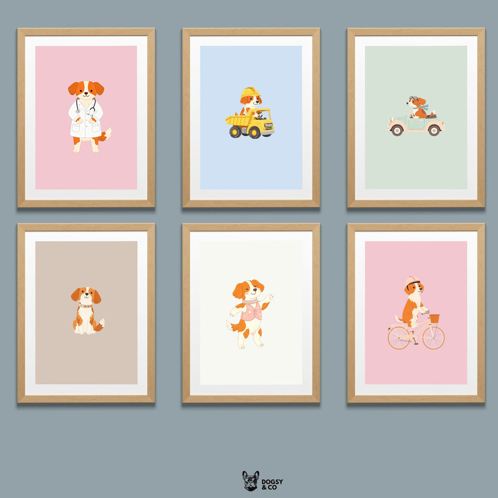 Brittany Kids Nursery Wall Art Print Bundle — 22 Dog Costume Designs, 5 Colours, 6 Print Sizes | Digital Download
