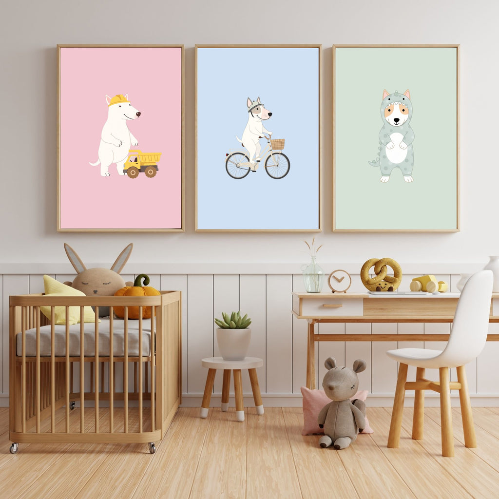 Bull Terrier Kids Nursery Wall Art Print Bundle — 22 Dog Costume Designs, 5 Colours, 6 Print Sizes | Digital Download