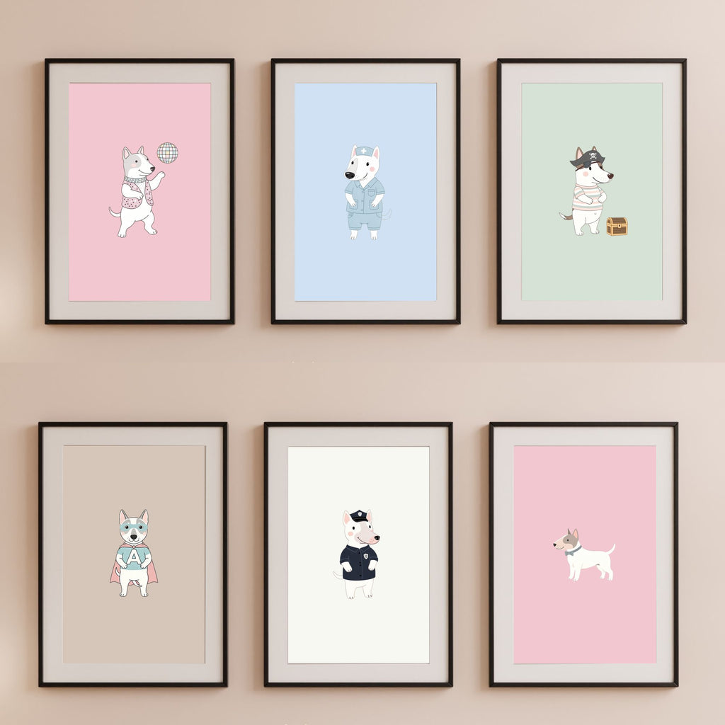 Bull Terrier Kids Nursery Wall Art Print Bundle — 22 Dog Costume Designs, 5 Colours, 6 Print Sizes | Digital Download