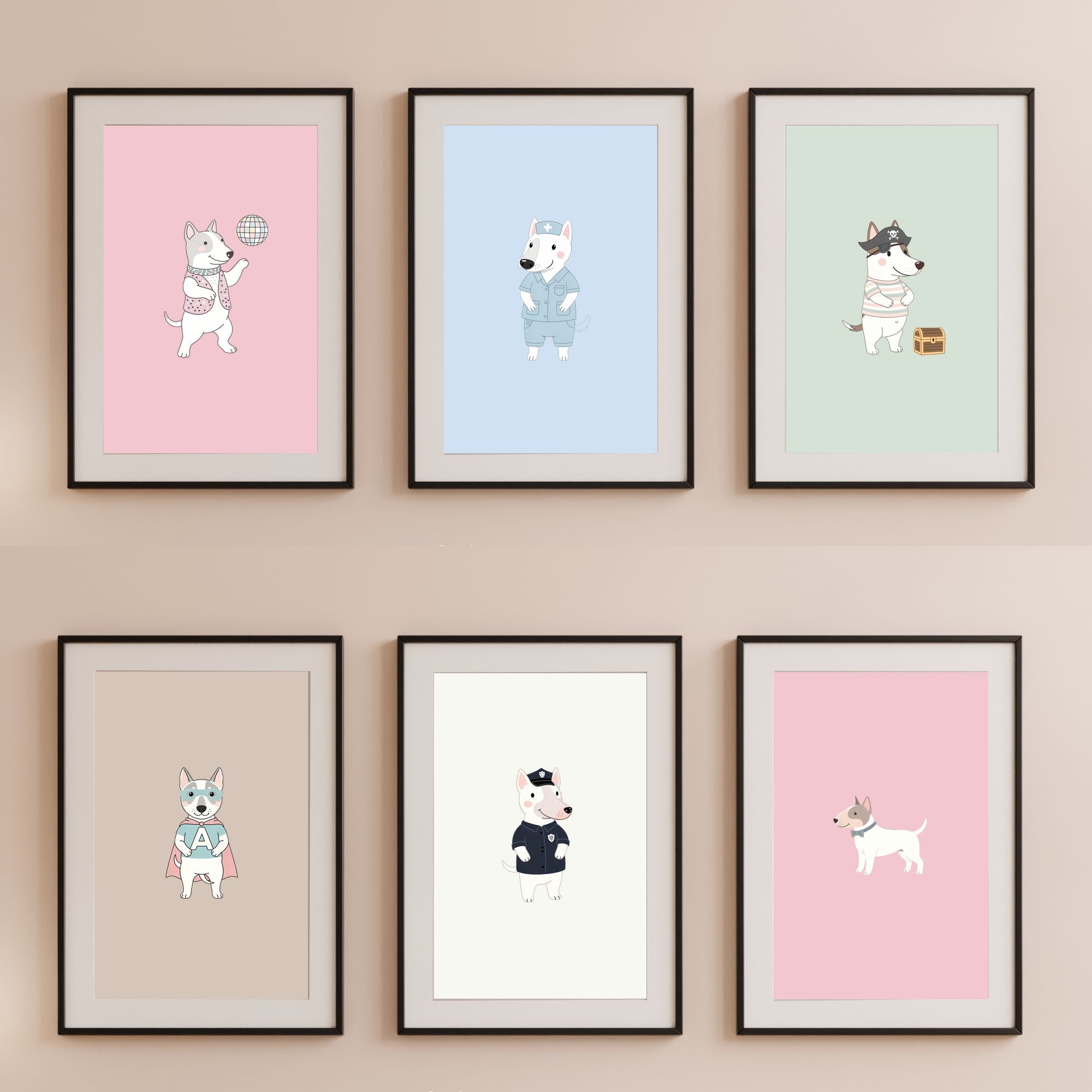 Bull Terrier Kids Nursery Wall Art Print Bundle — 22 Dog Costume Designs, 5 Colours, 6 Print Sizes | Digital Download