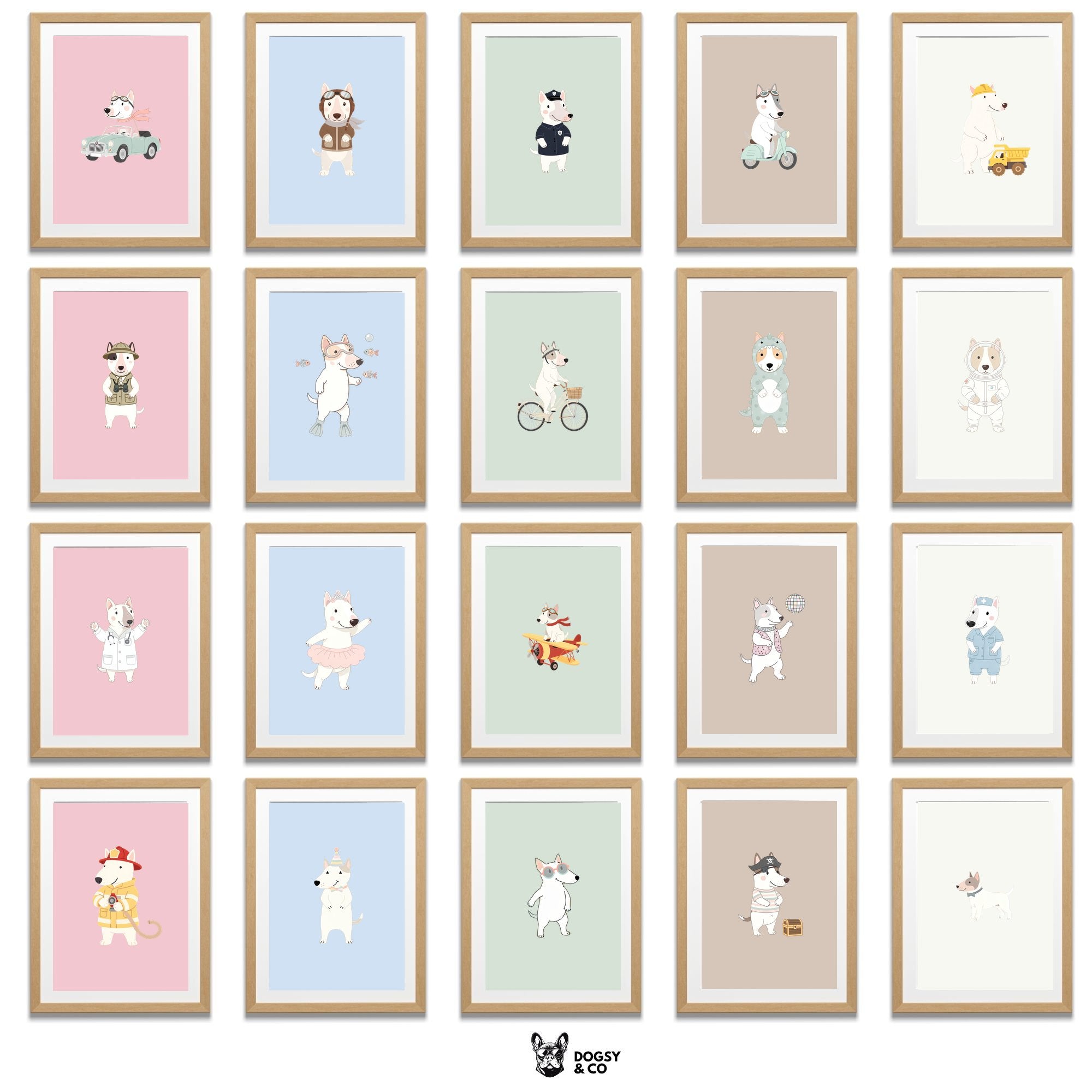Bull Terrier Kids Nursery Wall Art Print Bundle — 22 Dog Costume Designs, 5 Colours, 6 Print Sizes | Digital Download