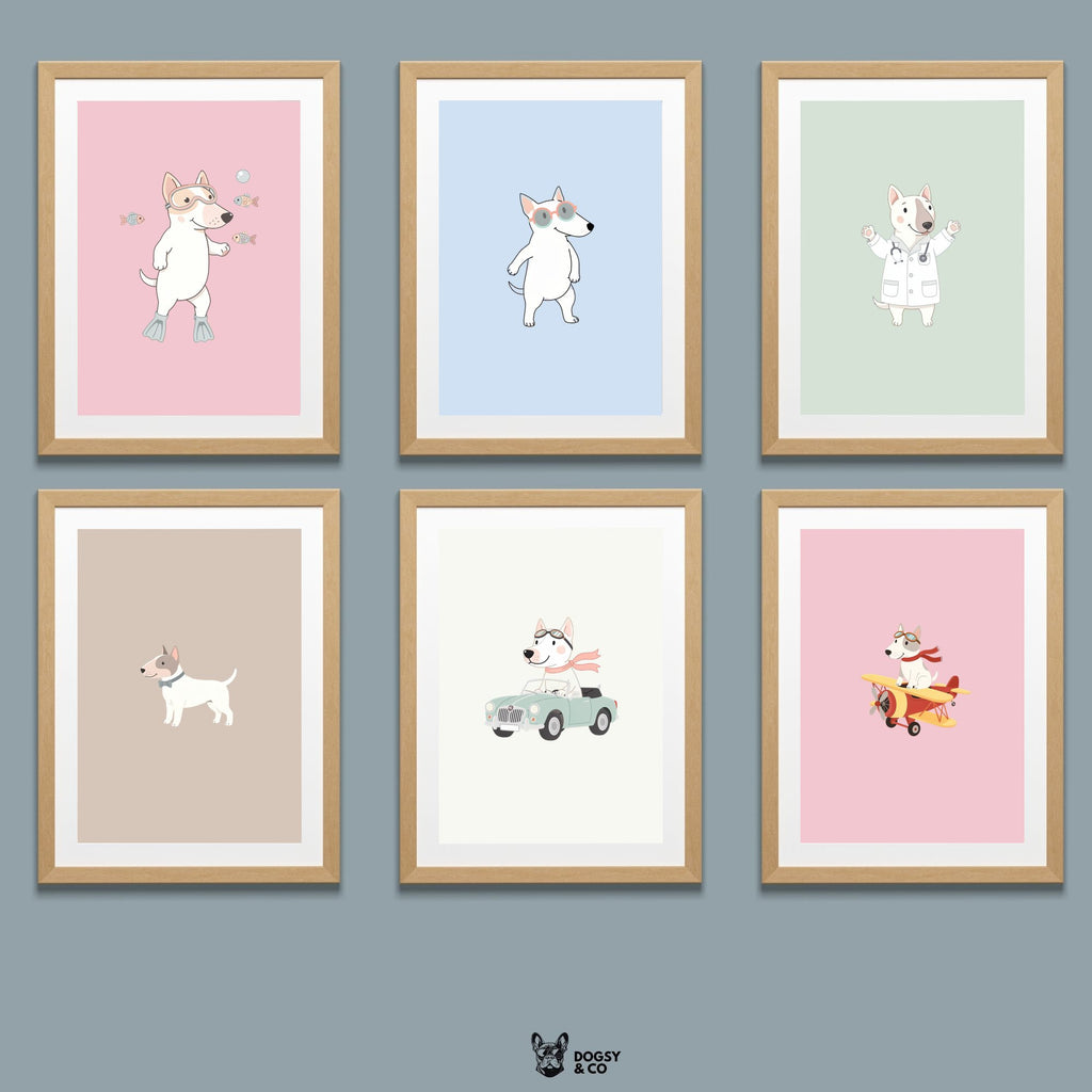 Bull Terrier Kids Nursery Wall Art Print Bundle — 22 Dog Costume Designs, 5 Colours, 6 Print Sizes | Digital Download