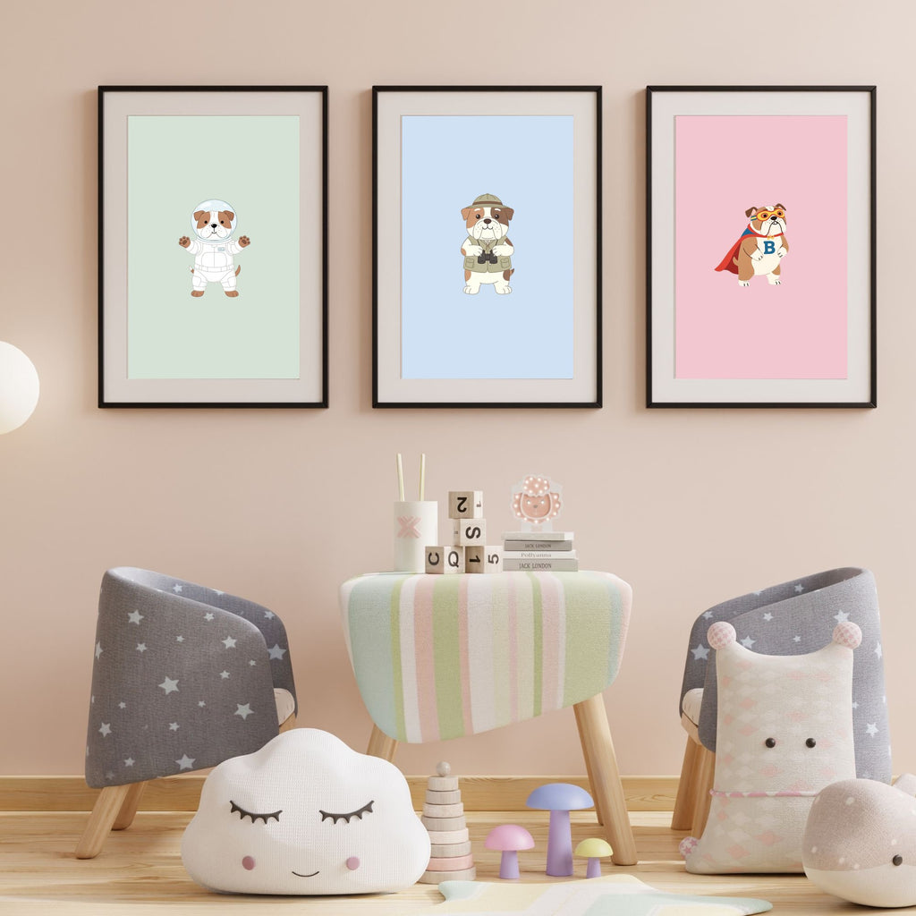 Bulldog Kids Nursery Wall Art Print Bundle — 22 Dog Costume Designs, 5 Colours, 6 Print Sizes | Digital Download